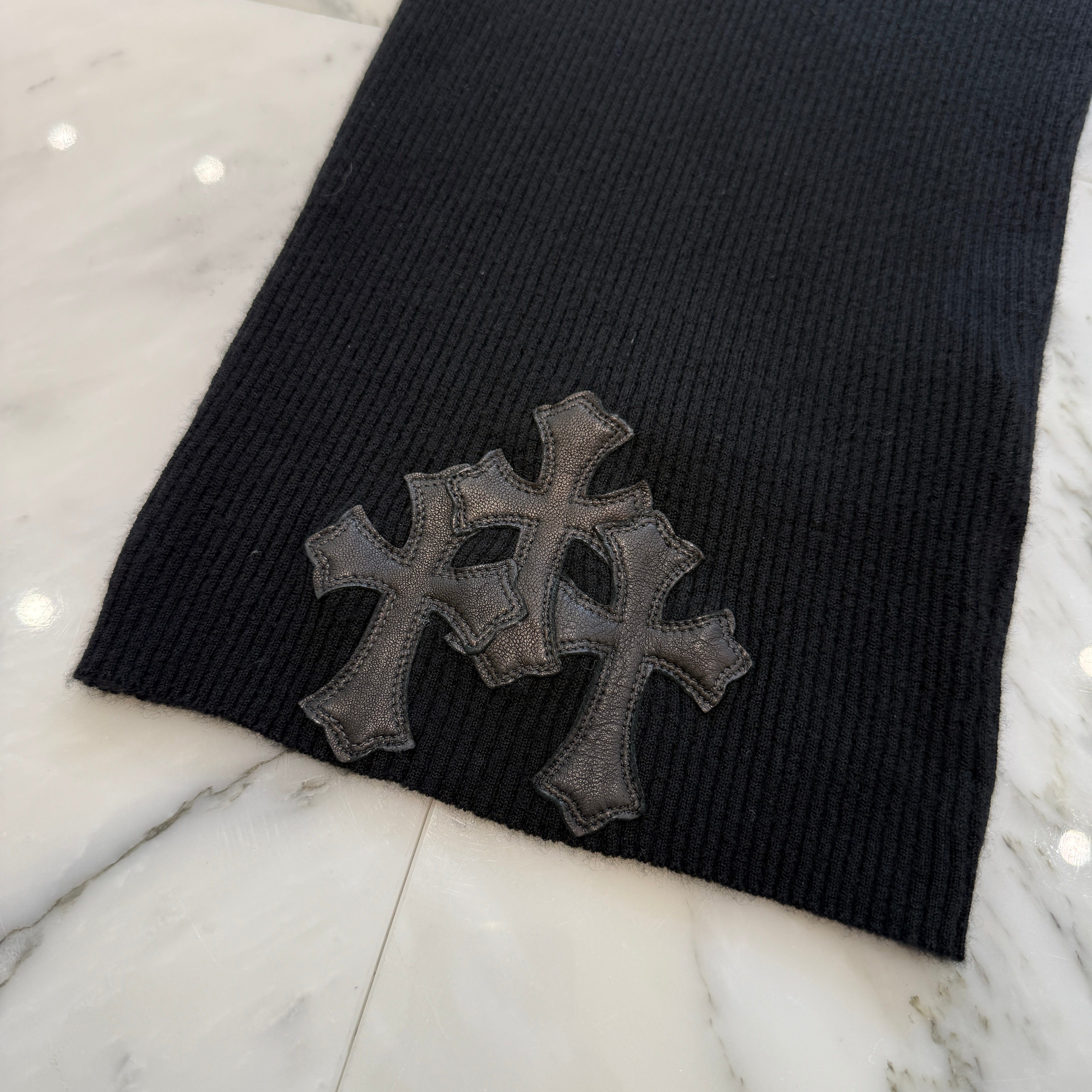 CHROME HEARTS Y NOT Triple Cross Leather Patch Cashmere Short Sleeve Knit Dress Size S クロムハーツ ワイノット トリプルクロスレザーパッチ カシミア ショートスリーブニット ワンピース サイズS