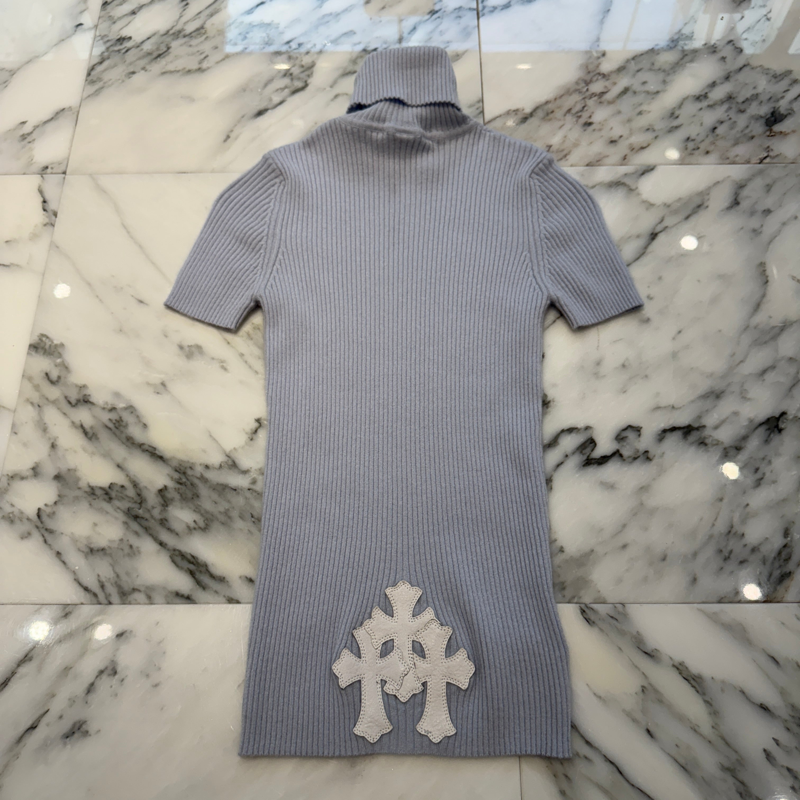 CHROME HEARTS Y NOT Triple Cross Leather Patch Cashmere Short Sleeve Knit Dress Size S クロムハーツ ワイノット トリプルクロスレザーパッチ カシミア ショートスリーブニット ワンピース サイズS