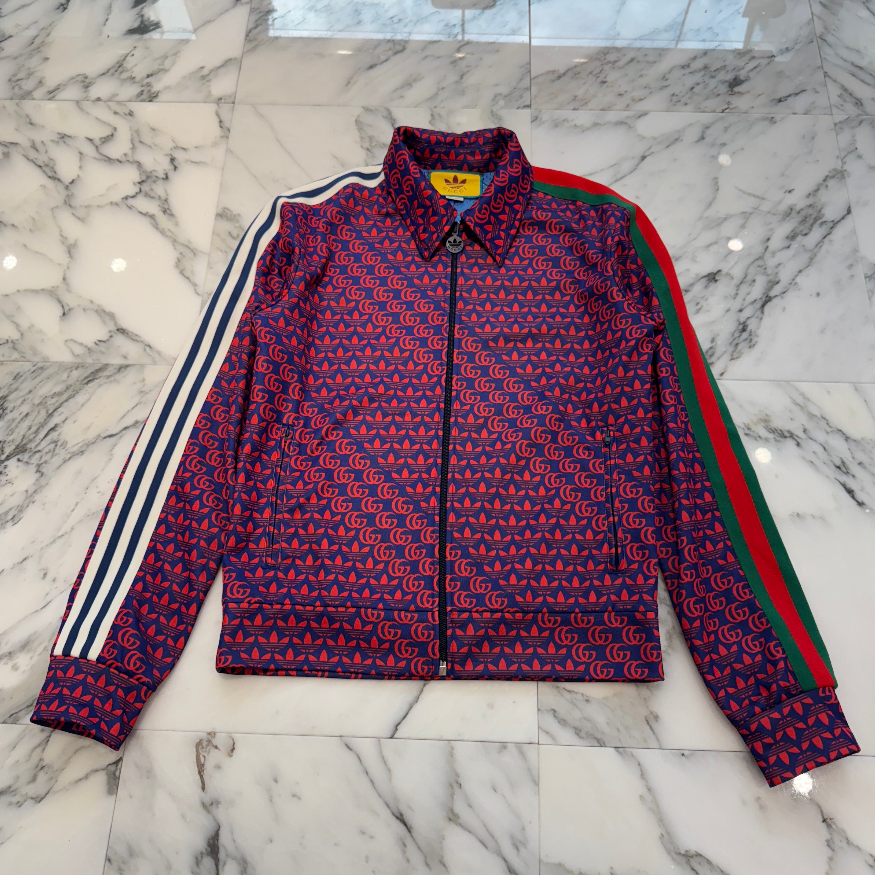 GUCCI × adidas 2022SS Double G and Trefoil Print Zip Up Jacket 692112 XJEKV Size XS グッチ × アディダス ダブルGアンドトレフォイルプリント ジップアップジャケット サイズXS