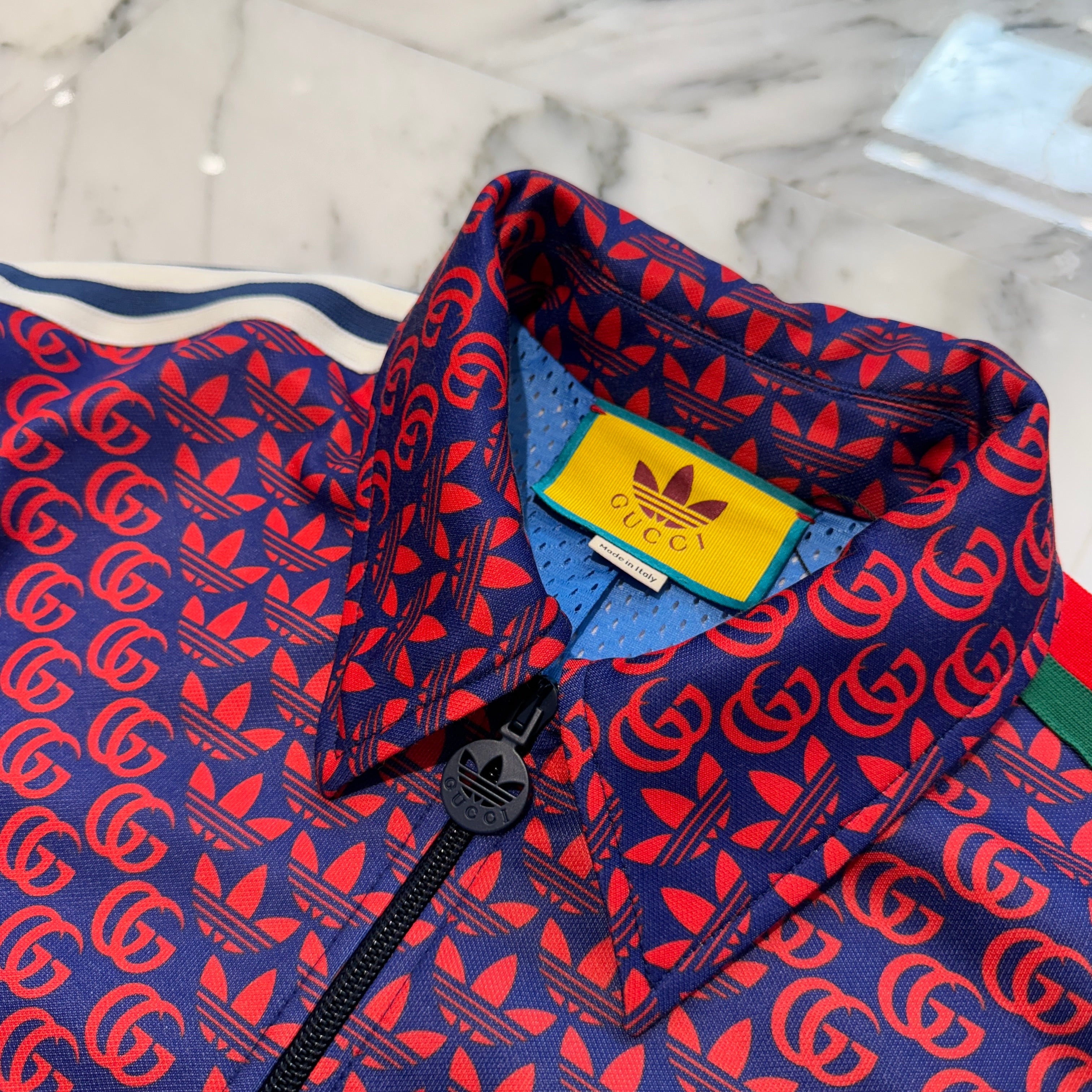 GUCCI × adidas 2022SS Double G and Trefoil Print Zip Up Jacket 692112 XJEKV Size XS グッチ × アディダス ダブルGアンドトレフォイルプリント ジップアップジャケット サイズXS