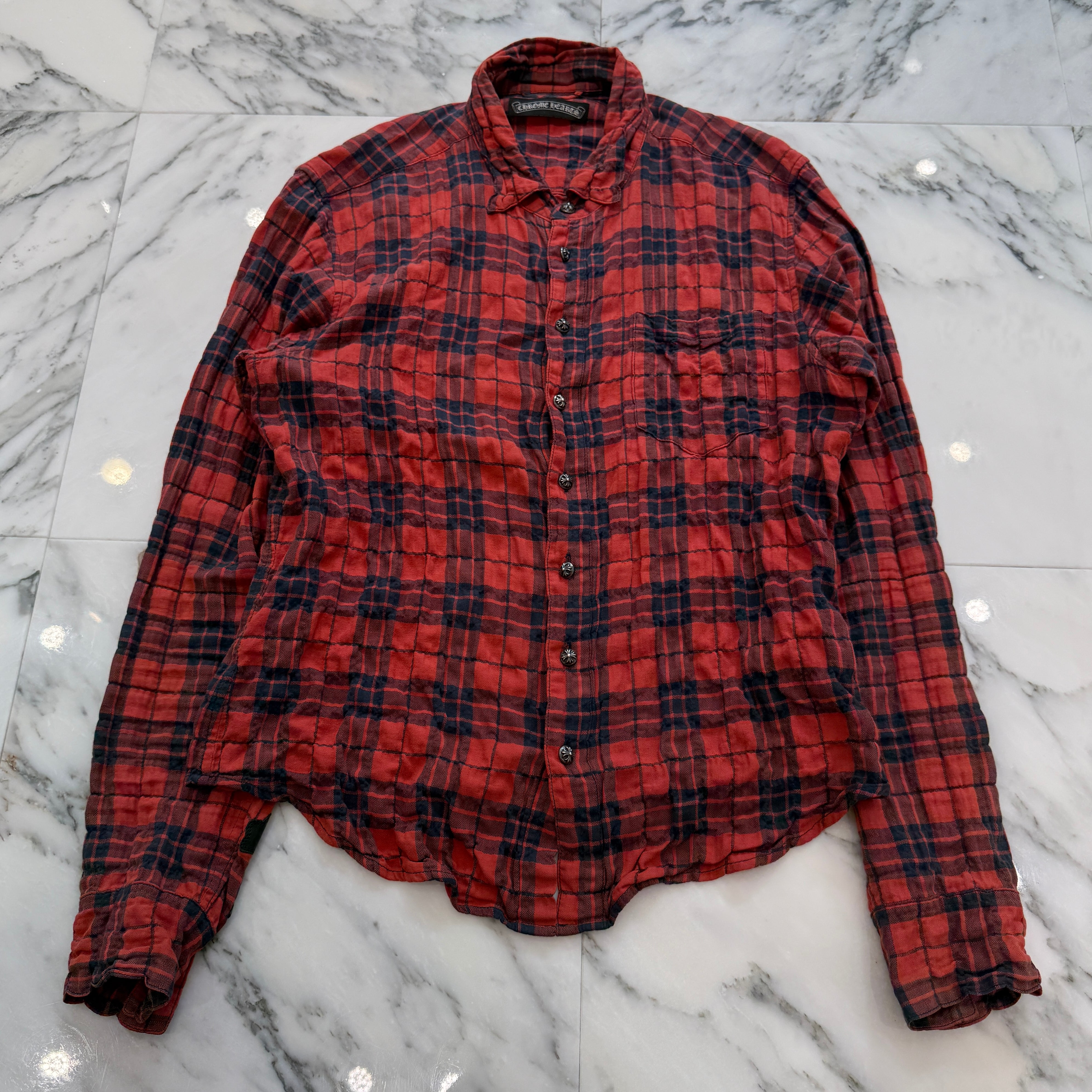 CHROME HEARTS Cross Ball Button Leather Cross Patch Check Shirt Size M クロムハーツ クロスボールボタン レザークロスパッチ チェックシャツ サイズM