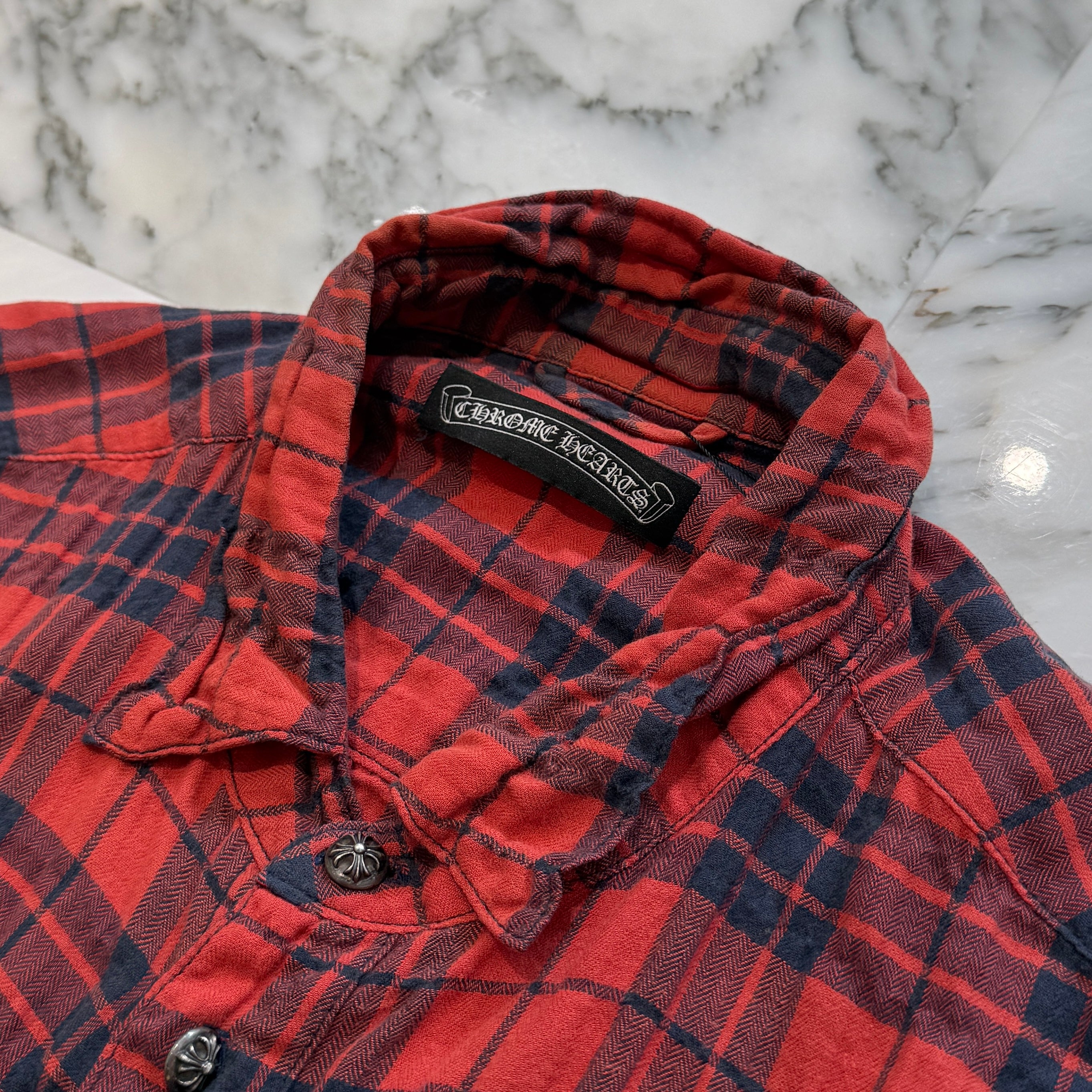 CHROME HEARTS Cross Ball Button Leather Cross Patch Check Shirt Size M クロムハーツ クロスボールボタン レザークロスパッチ チェックシャツ サイズM