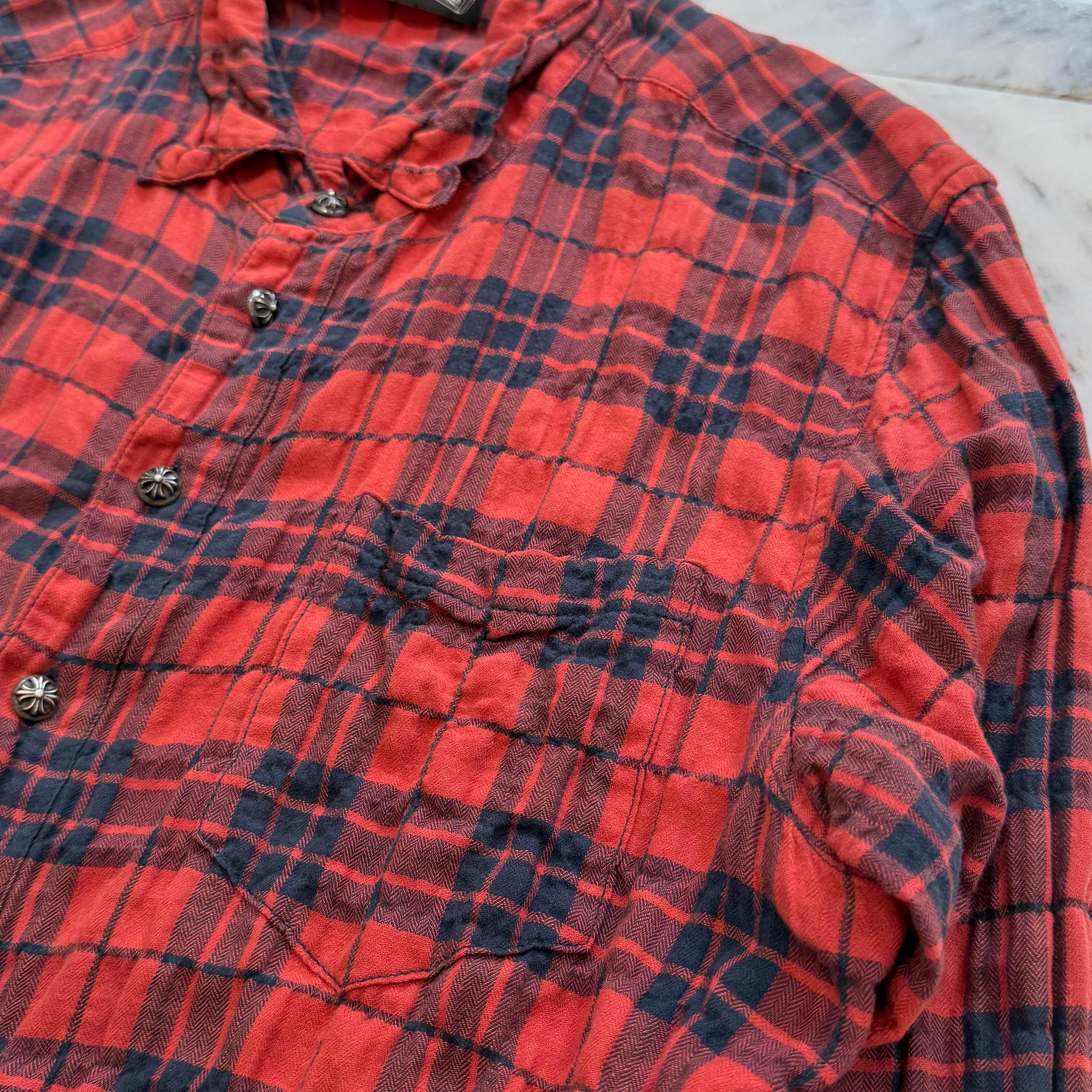 CHROME HEARTS Cross Ball Button Leather Cross Patch Check Shirt Size M クロムハーツ クロスボールボタン レザークロスパッチ チェックシャツ サイズM