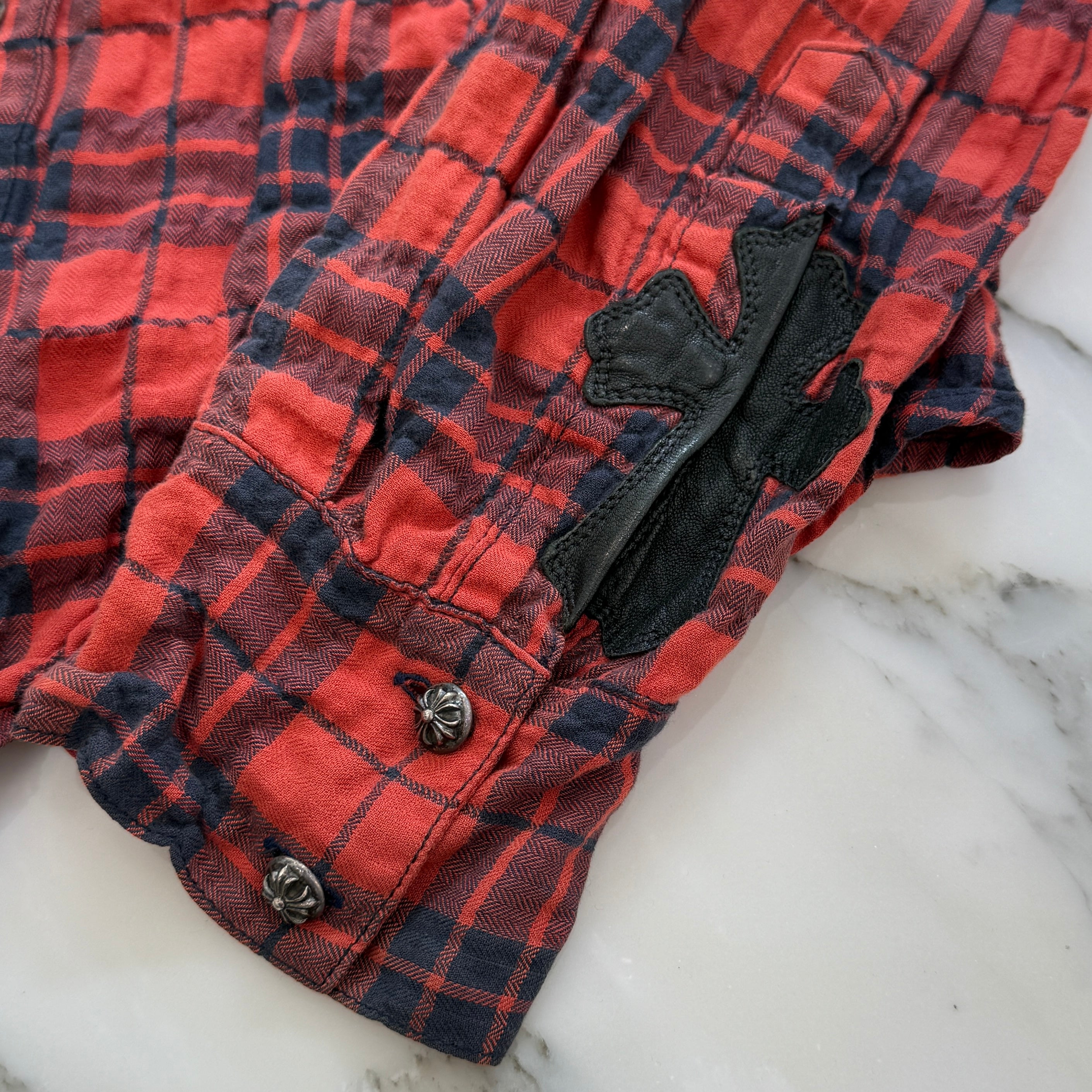 CHROME HEARTS Cross Ball Button Leather Cross Patch Check Shirt Size M クロムハーツ クロスボールボタン レザークロスパッチ チェックシャツ サイズM