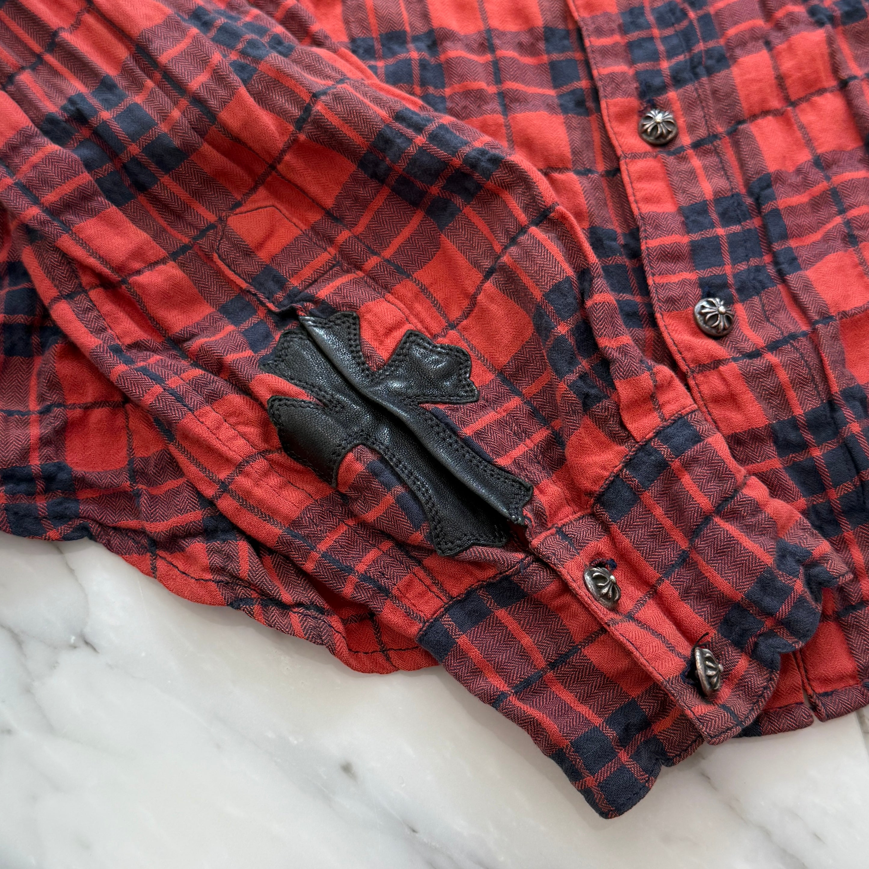 CHROME HEARTS Cross Ball Button Leather Cross Patch Check Shirt Size M クロムハーツ クロスボールボタン レザークロスパッチ チェックシャツ サイズM