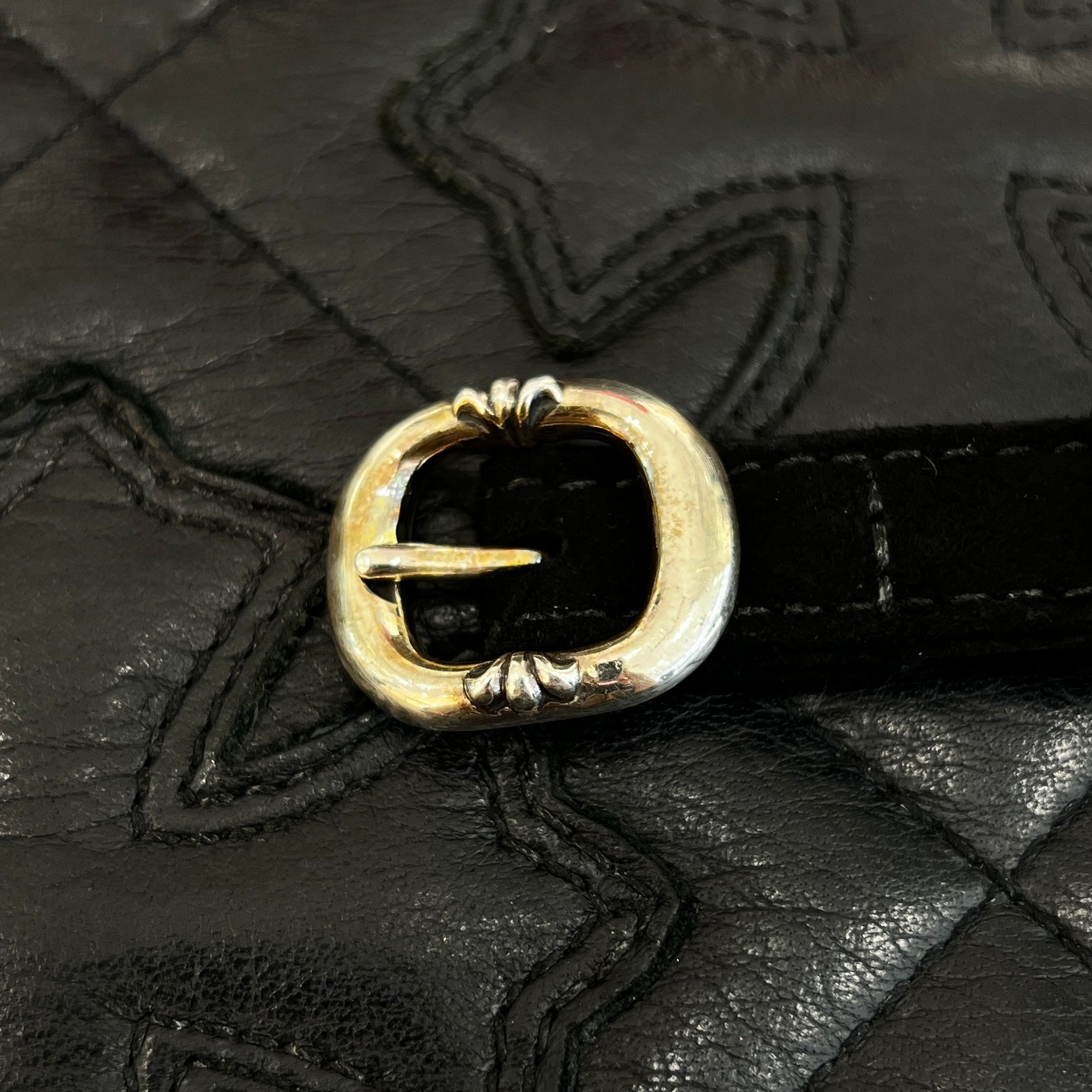 CHROME HEARTS Gunslinger Calfskin Leather Belt CH Plus Cross Patch Silk Long Skirt Size M クロムハーツ ガンスリンガー カーフスキン レザーベルト CHプラス クロスパッチ シルク ロングスカート サイズM