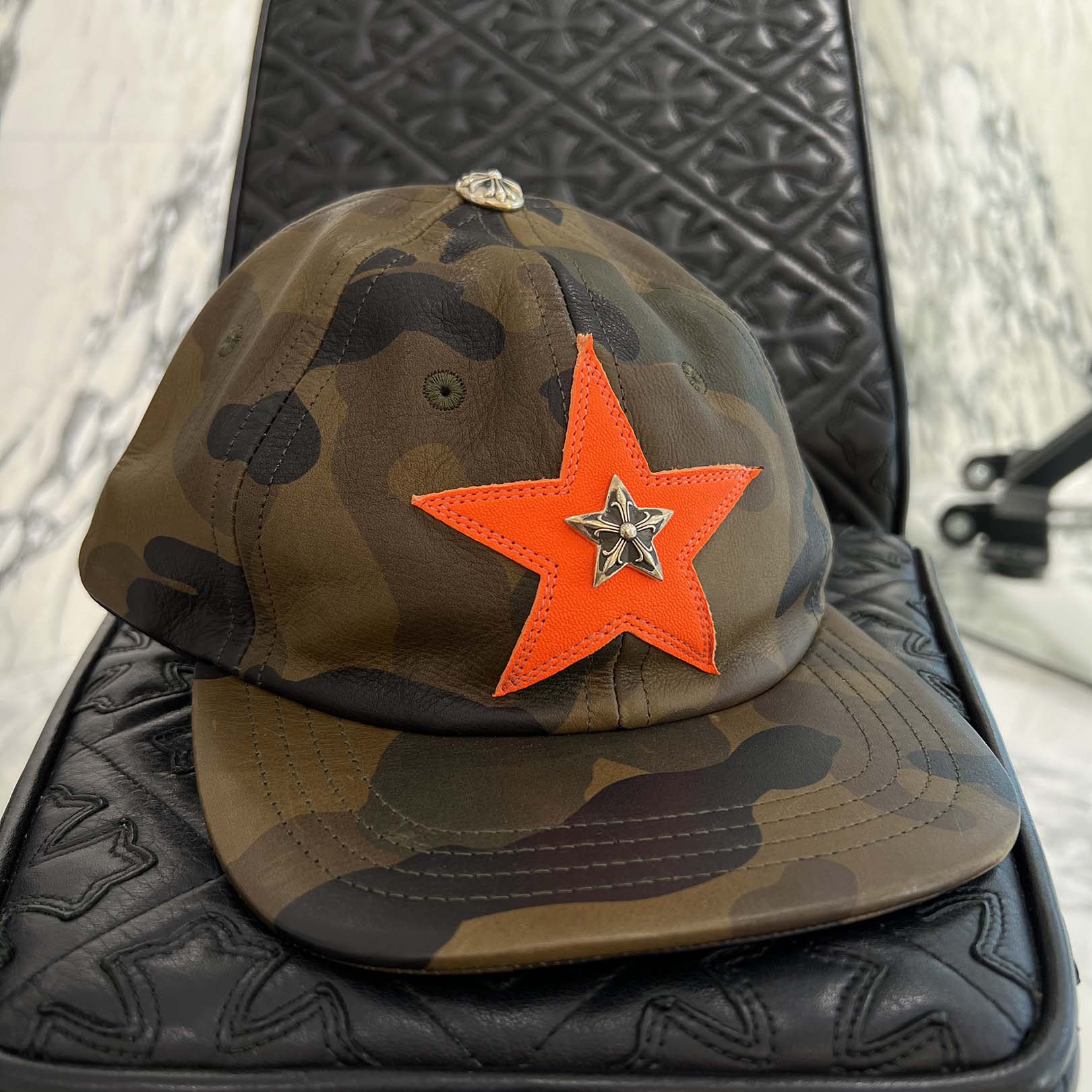 CHROME HEARTS Star Leather Patch Camouflage Leather Trucker Cap