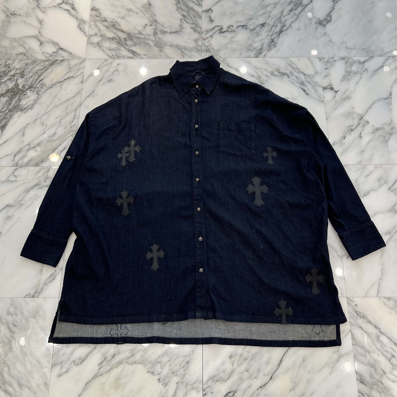CHROME HEARTS Y NOT Mahal Kita Cemetery Cross Leather Patch Denim Shirt Size S クロムハーツ ワイノット マハルキタ セメタリークロスレザーパッチ デニムシャツ サイズS
