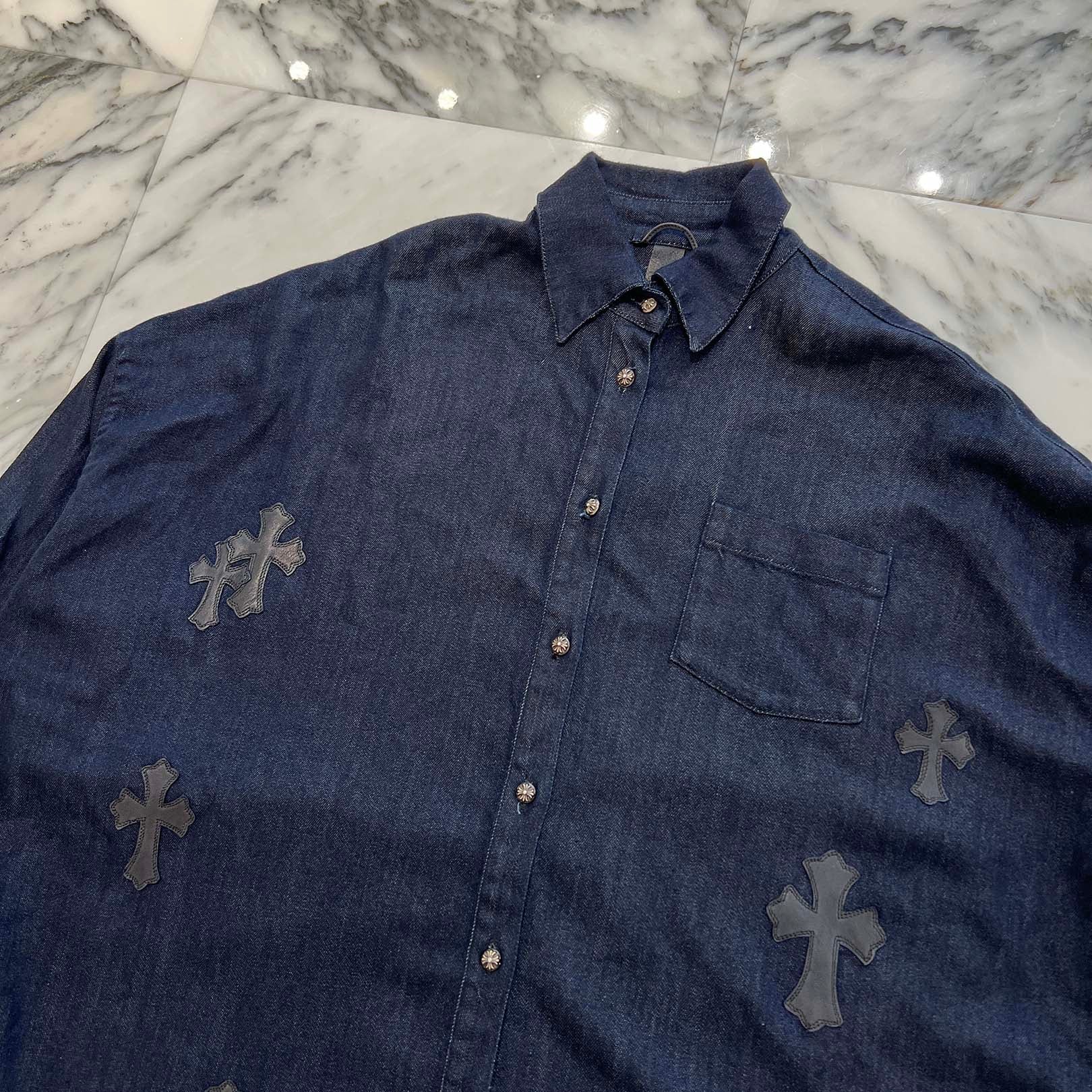 CHROME HEARTS Y NOT Mahal Kita Cemetery Cross Leather Patch Denim Shirt Size S クロムハーツ ワイノット マハルキタ セメタリークロスレザーパッチ デニムシャツ サイズS