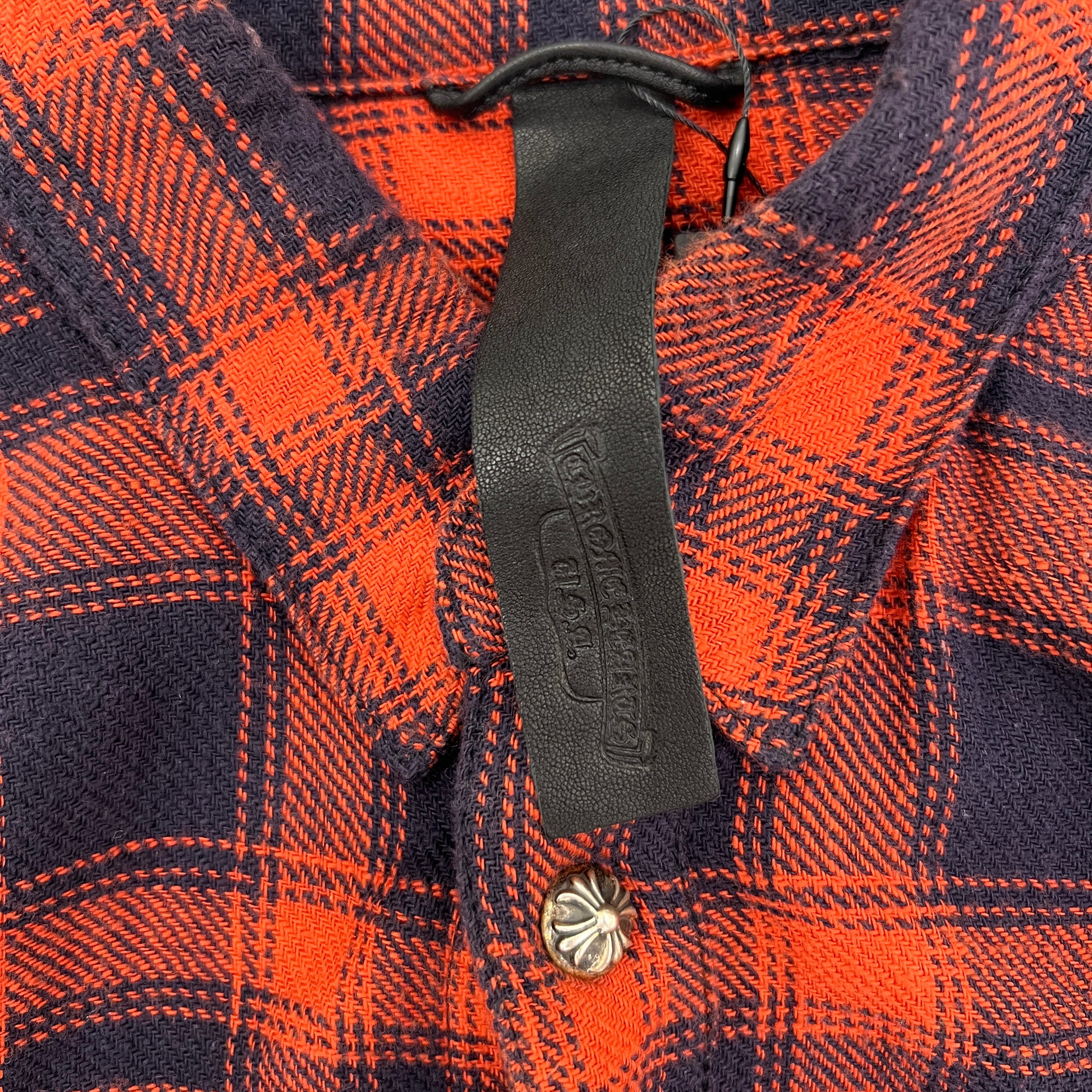 CHROME HEARTS Y NOT Leather Cross Patch Flannel Check Shirt Size M