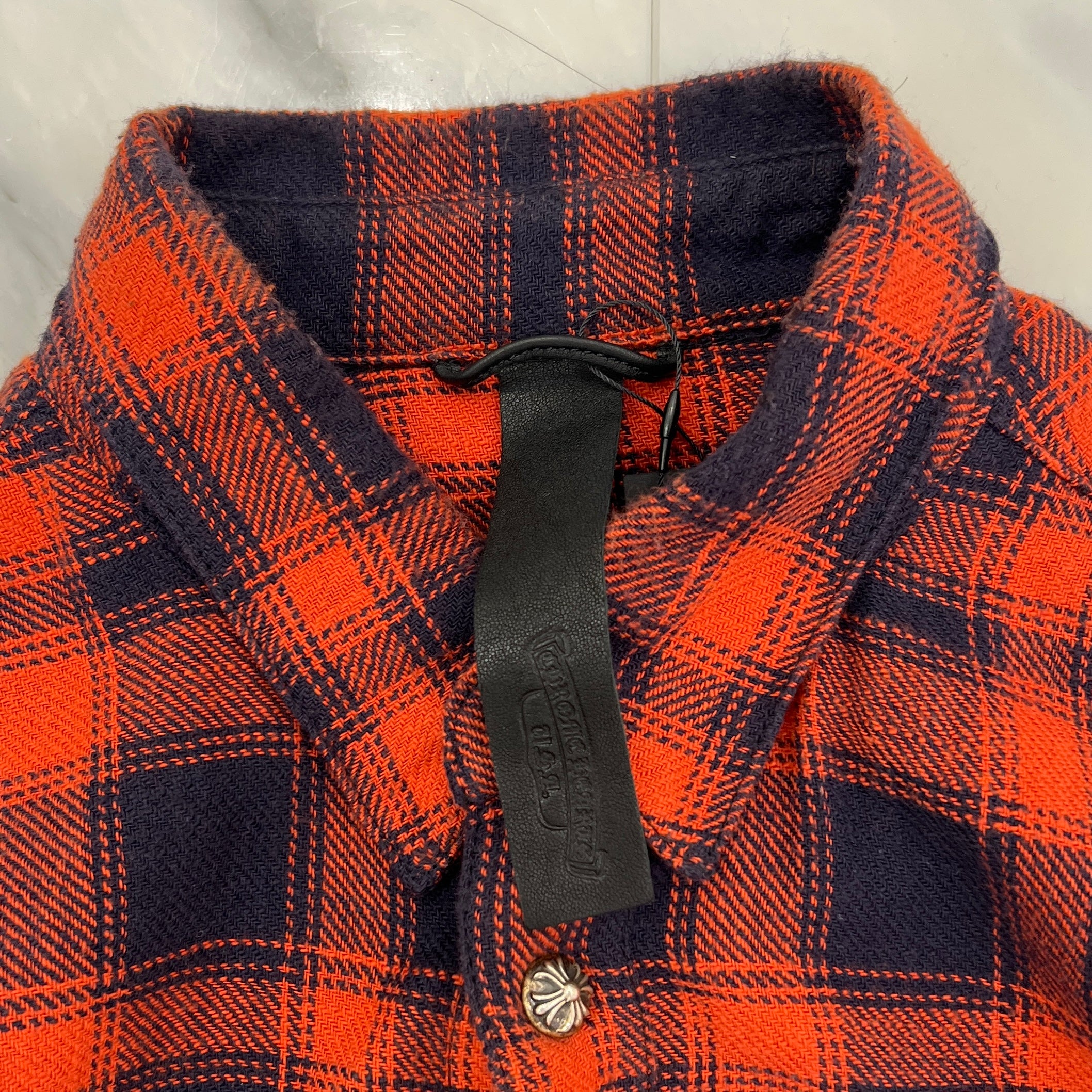 CHROME HEARTS Y NOT Leather Cross Patch Flannel Check Shirt Size M