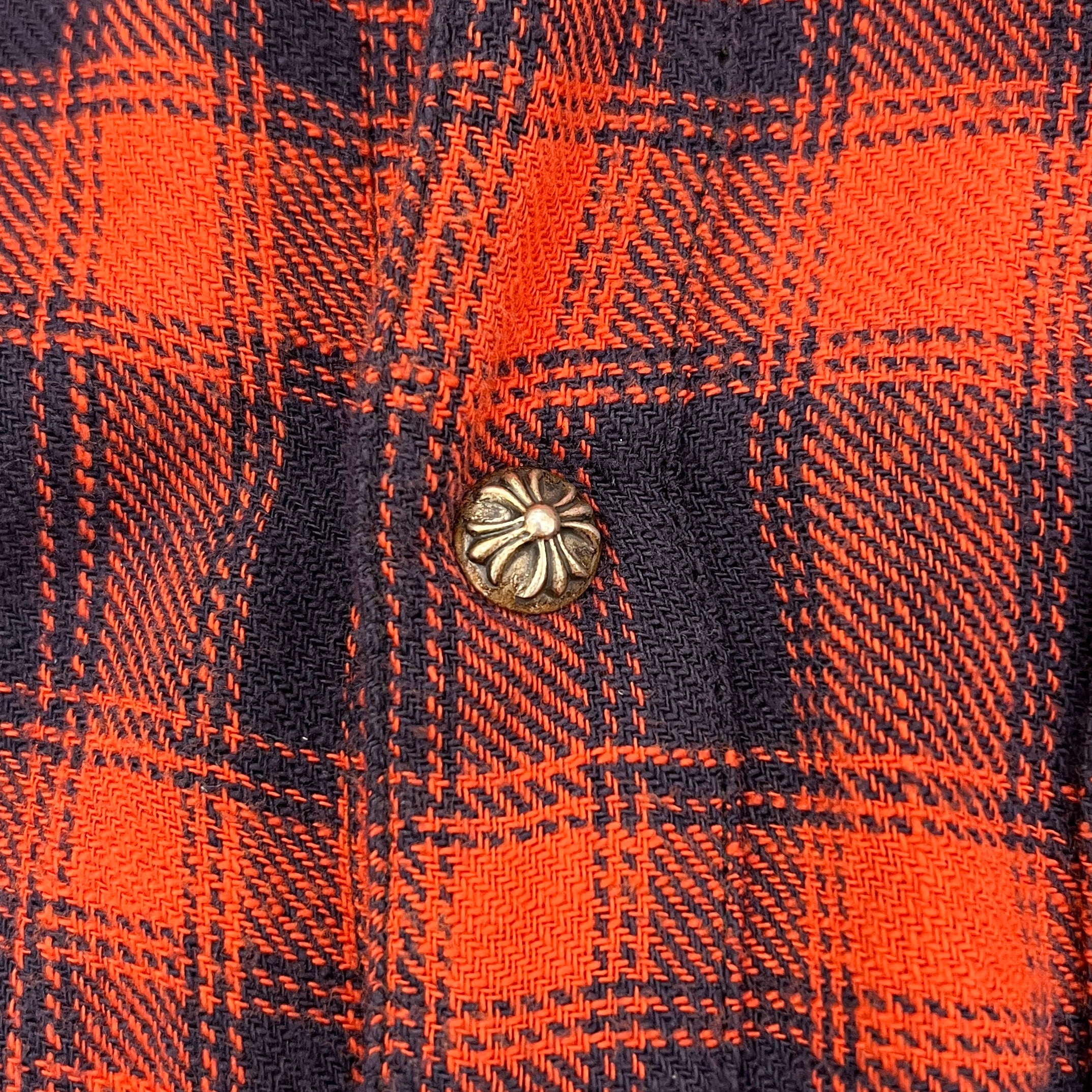 CHROME HEARTS Y NOT Leather Cross Patch Flannel Check Shirt Size M