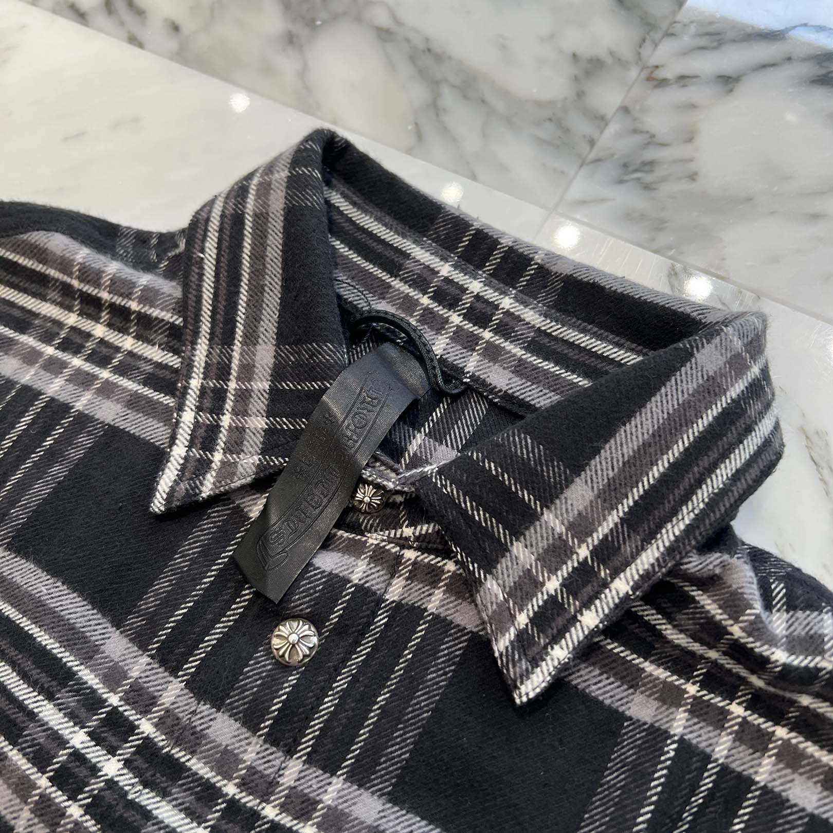 CHROME HEARTS Y NOT WORK DOG Cross Ball Button Check Shirt Size XL