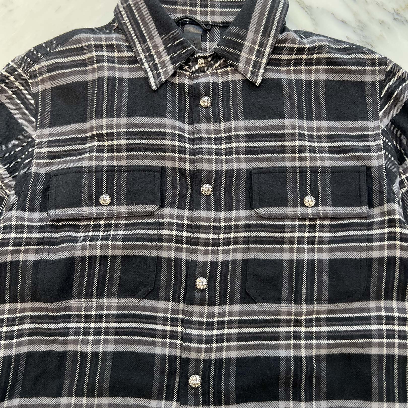 CHROME HEARTS Y NOT WORK DOG Cross Ball Button Check Shirt Size XL