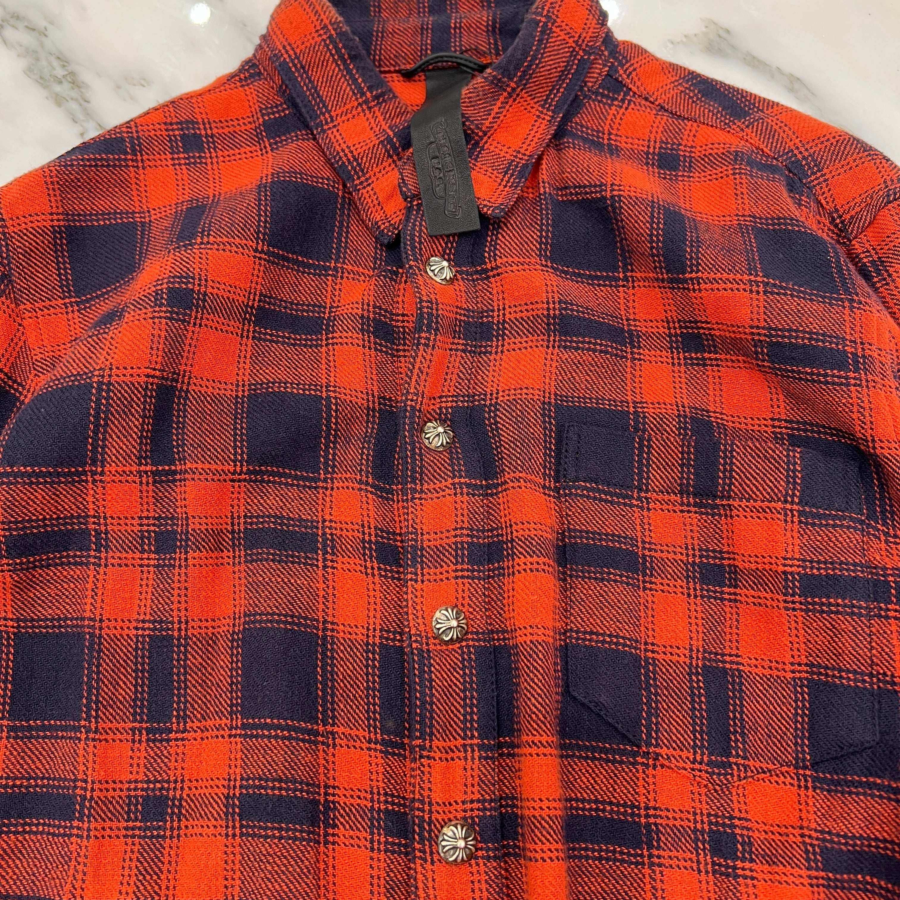 CHROME HEARTS Y NOT Leather Cross Patch Flannel Check Shirt Size M