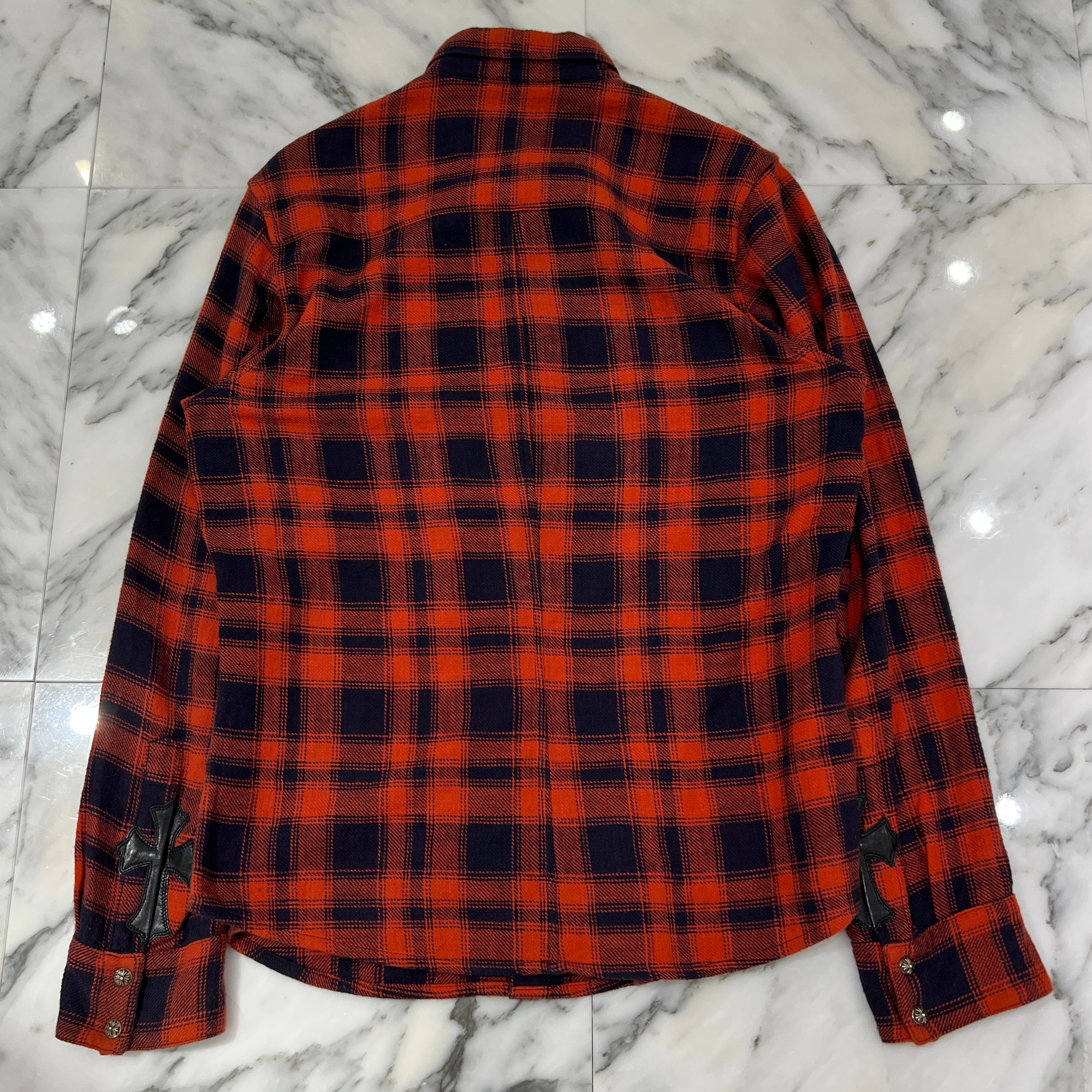 CHROME HEARTS Y NOT Leather Cross Patch Flannel Check Shirt Size M