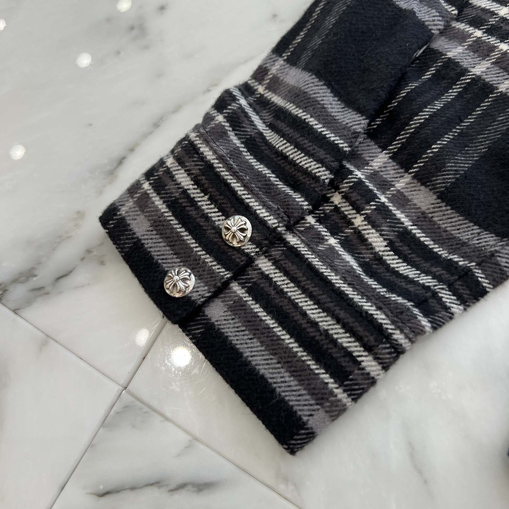 CHROME HEARTS Y NOT WORK DOG Cross Ball Button Check Shirt Size XL