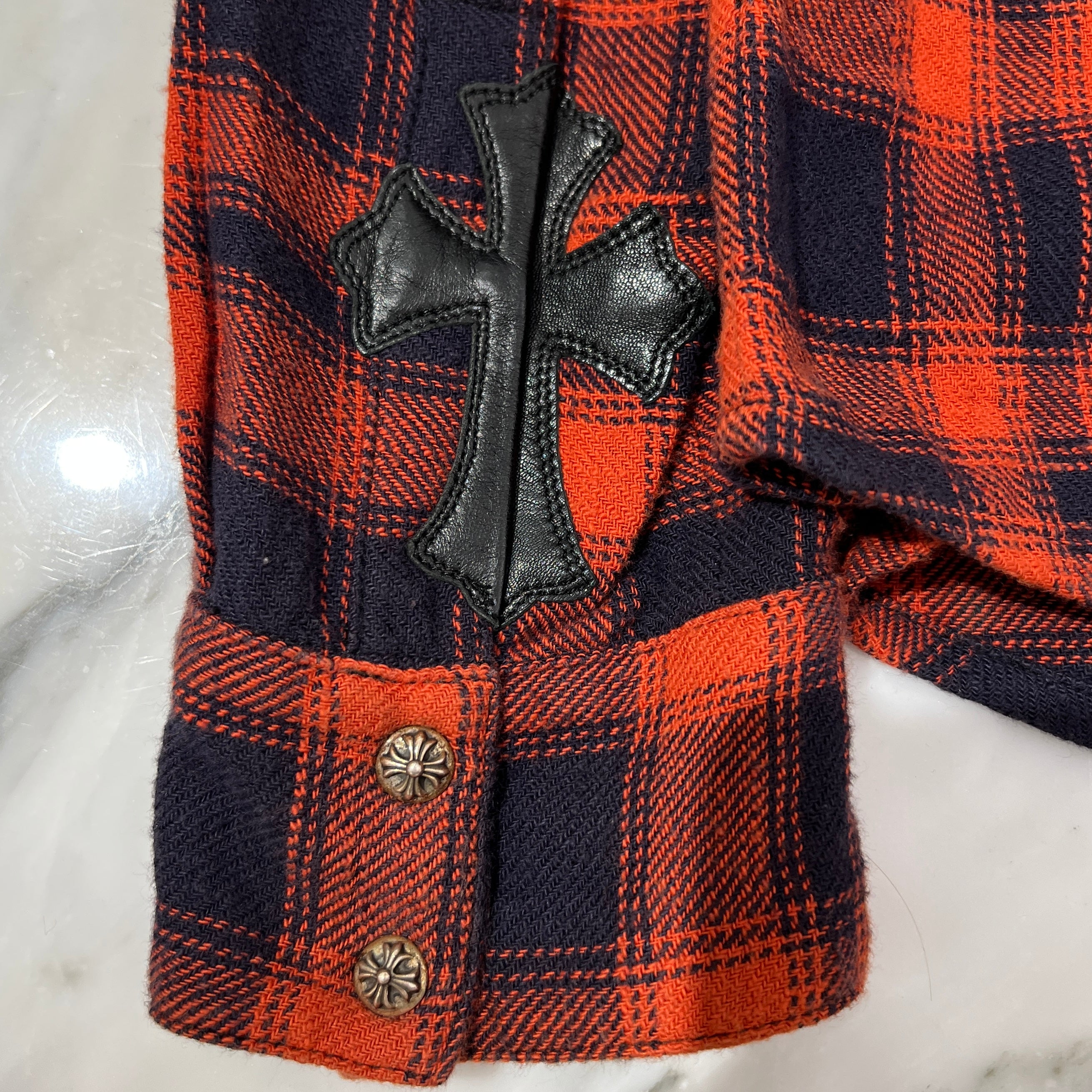 CHROME HEARTS Y NOT Leather Cross Patch Flannel Check Shirt Size M