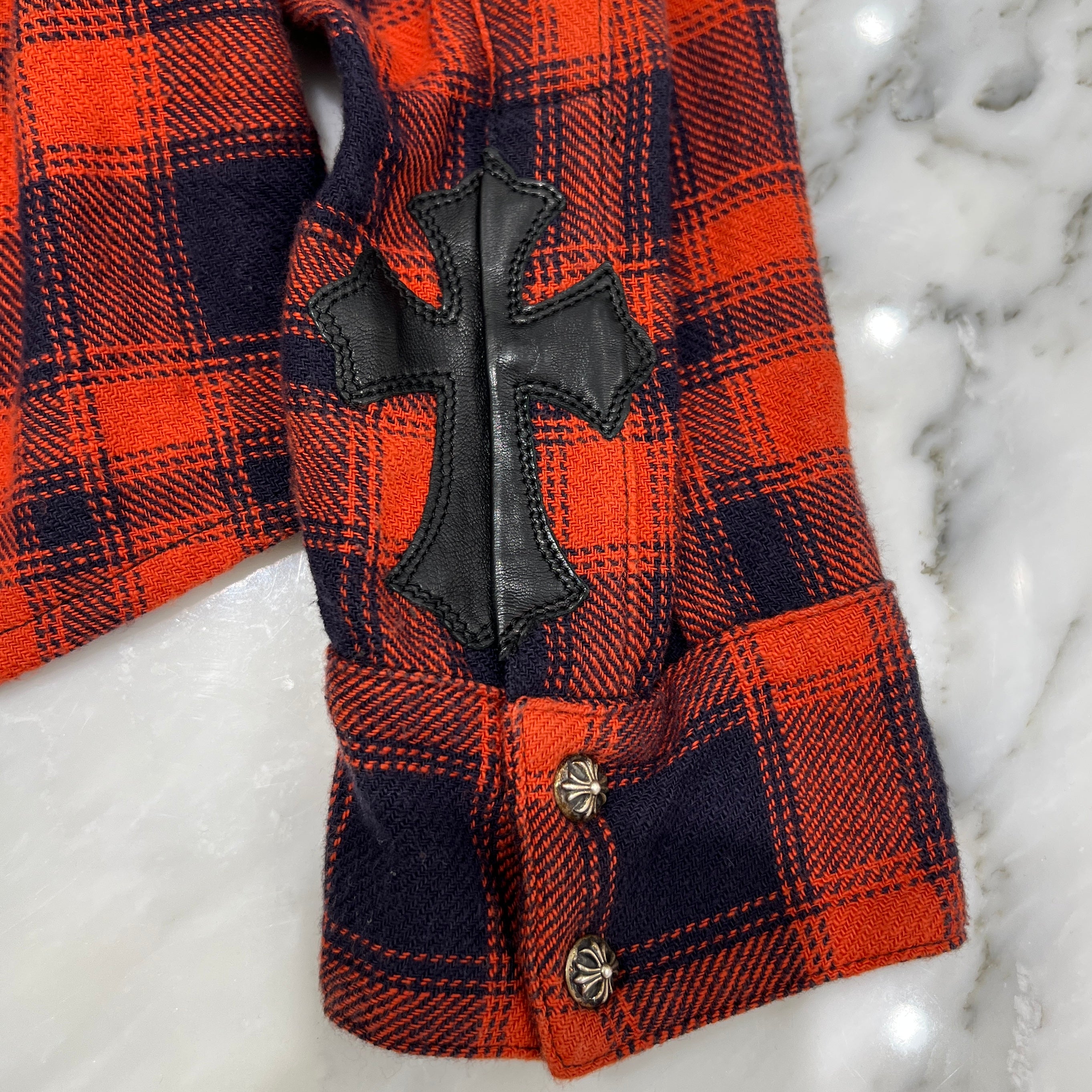 CHROME HEARTS Y NOT Leather Cross Patch Flannel Check Shirt Size M クロムハーツ ワイノット レザークロスパッチ フランネルチェックシャツ サイズM