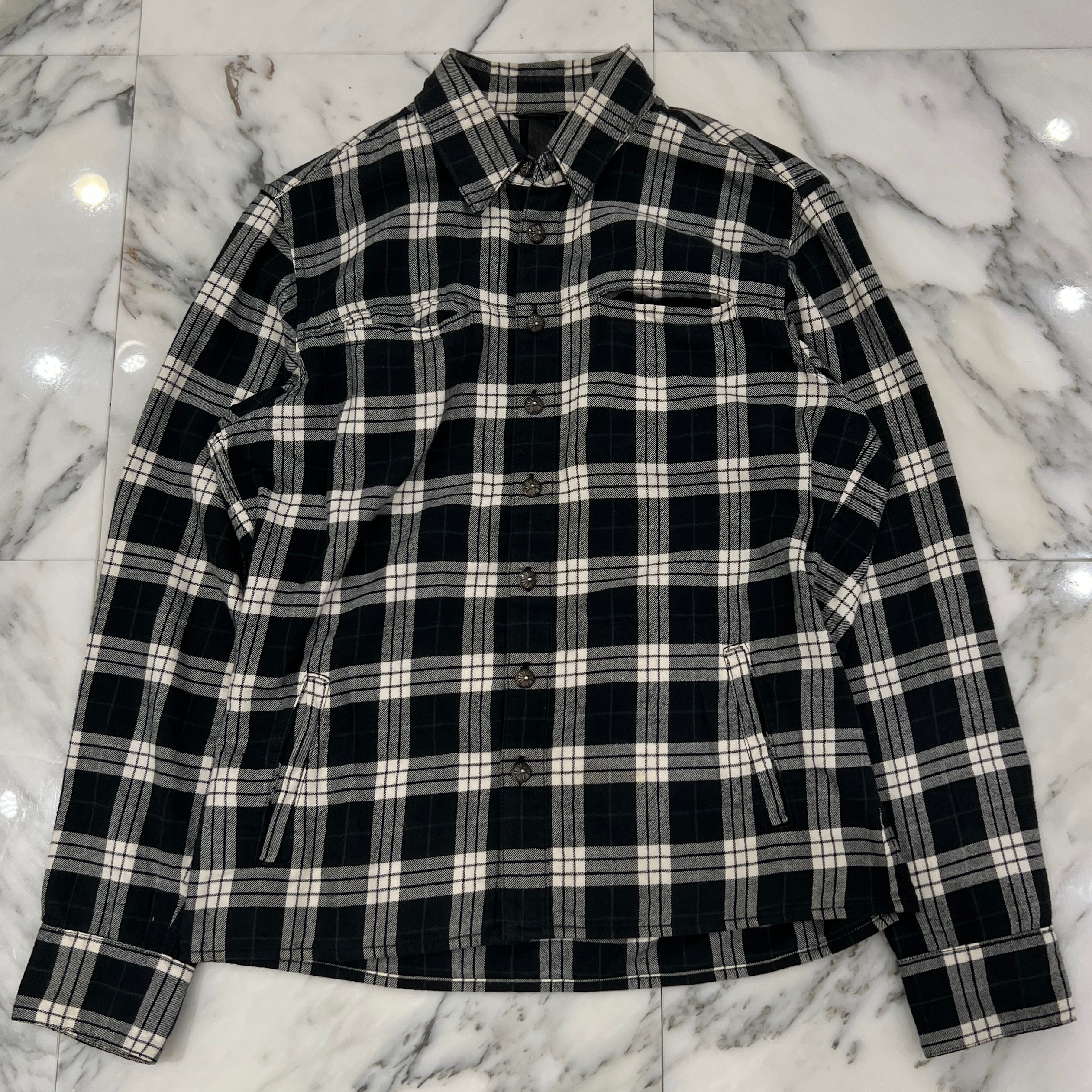 CHROME HEARTS Y NOT Cross Ball Button Leather Cross Patch Check Shirt Size S クロムハーツ ワイノット クロスボールボタン レザークロスパッチ チェックシャツ サイズS