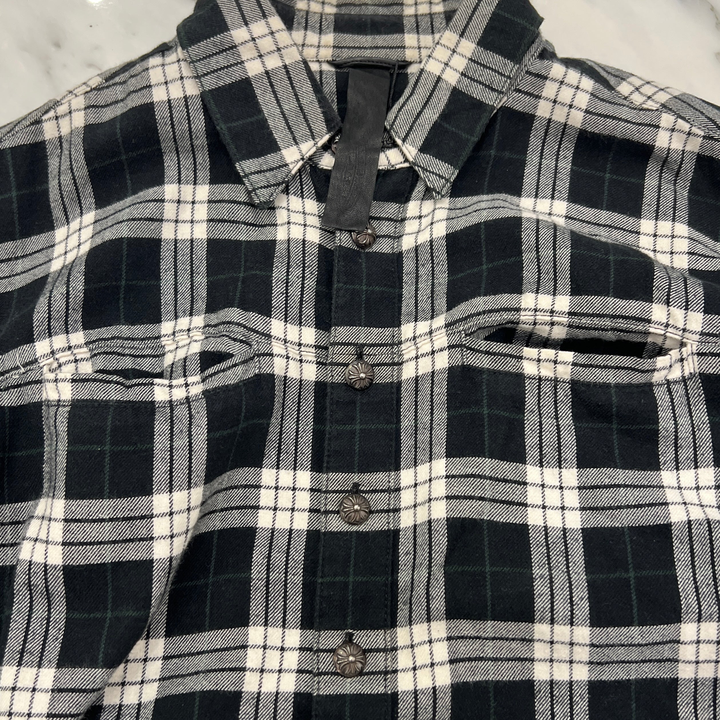 CHROME HEARTS Y NOT Cross Ball Button Leather Cross Patch Check Shirt Size S クロムハーツ ワイノット クロスボールボタン レザークロスパッチ チェックシャツ サイズS