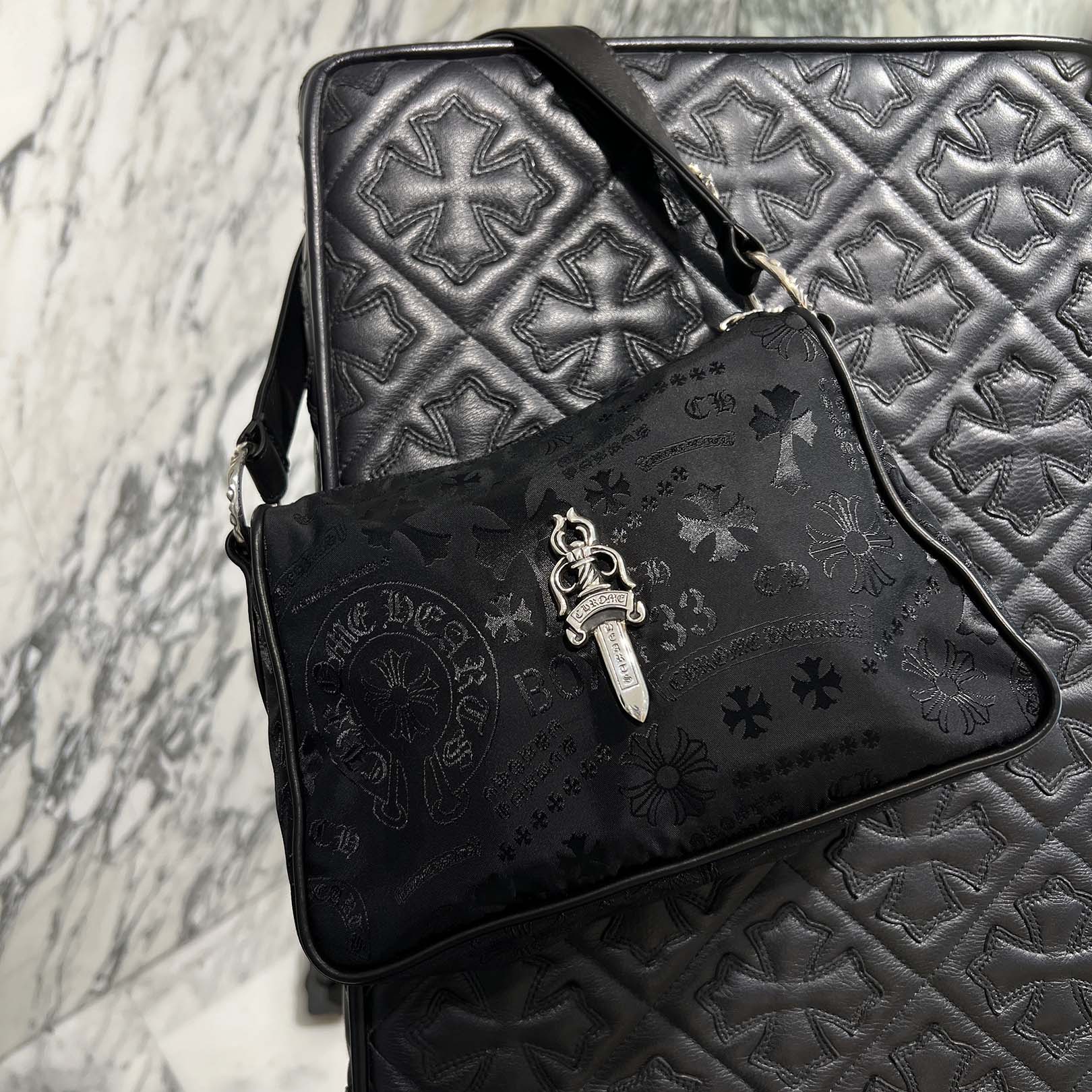 CHROME HEARTS Stencil Pattern CHICKEN NUGGET Small Nylon Leather Shoulder Bag クロムハーツ ステンシル柄 チキンナゲット スモール ナイロンレザー切替 ショルダーバッグ