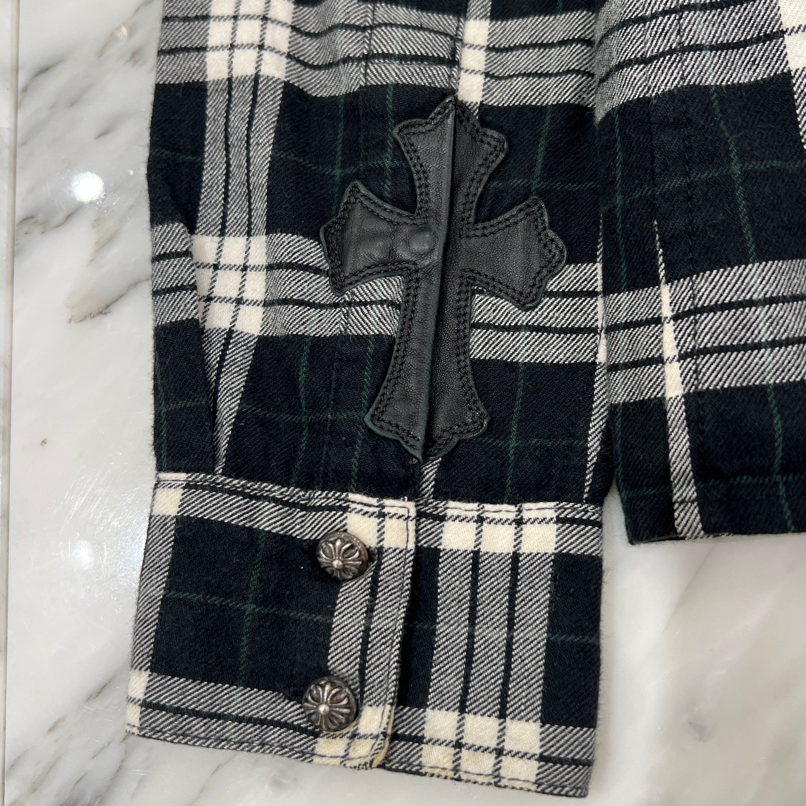 CHROME HEARTS Y NOT Cross Ball Button Leather Cross Patch Check Shirt Size S クロムハーツ ワイノット クロスボールボタン レザークロスパッチ チェックシャツ サイズS