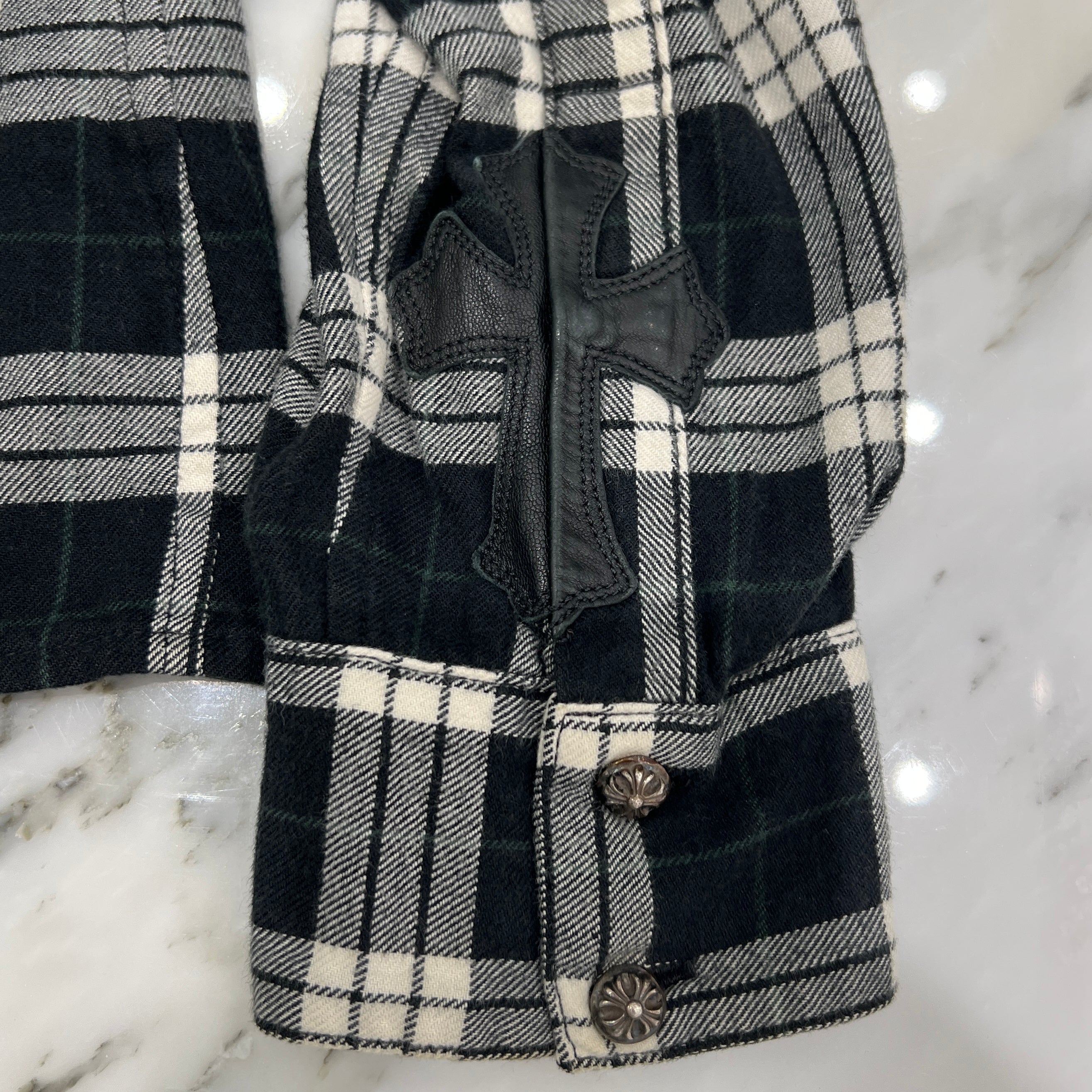 CHROME HEARTS Y NOT Cross Ball Button Leather Cross Patch Check Shirt Size S クロムハーツ ワイノット クロスボールボタン レザークロスパッチ チェックシャツ サイズS