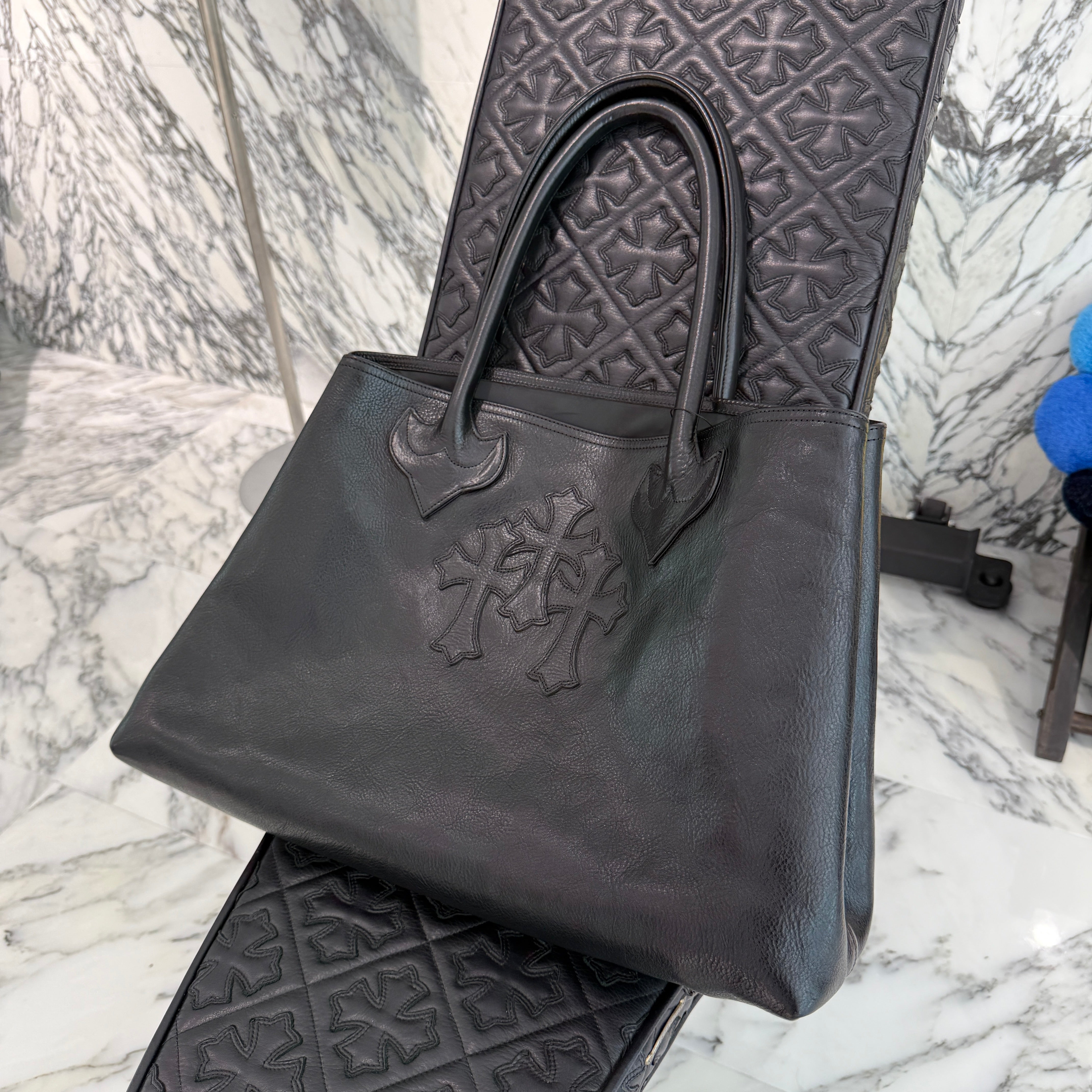 CHROME HEARTS 3 Cemetery Cross Patch FS Leather Tote Bag