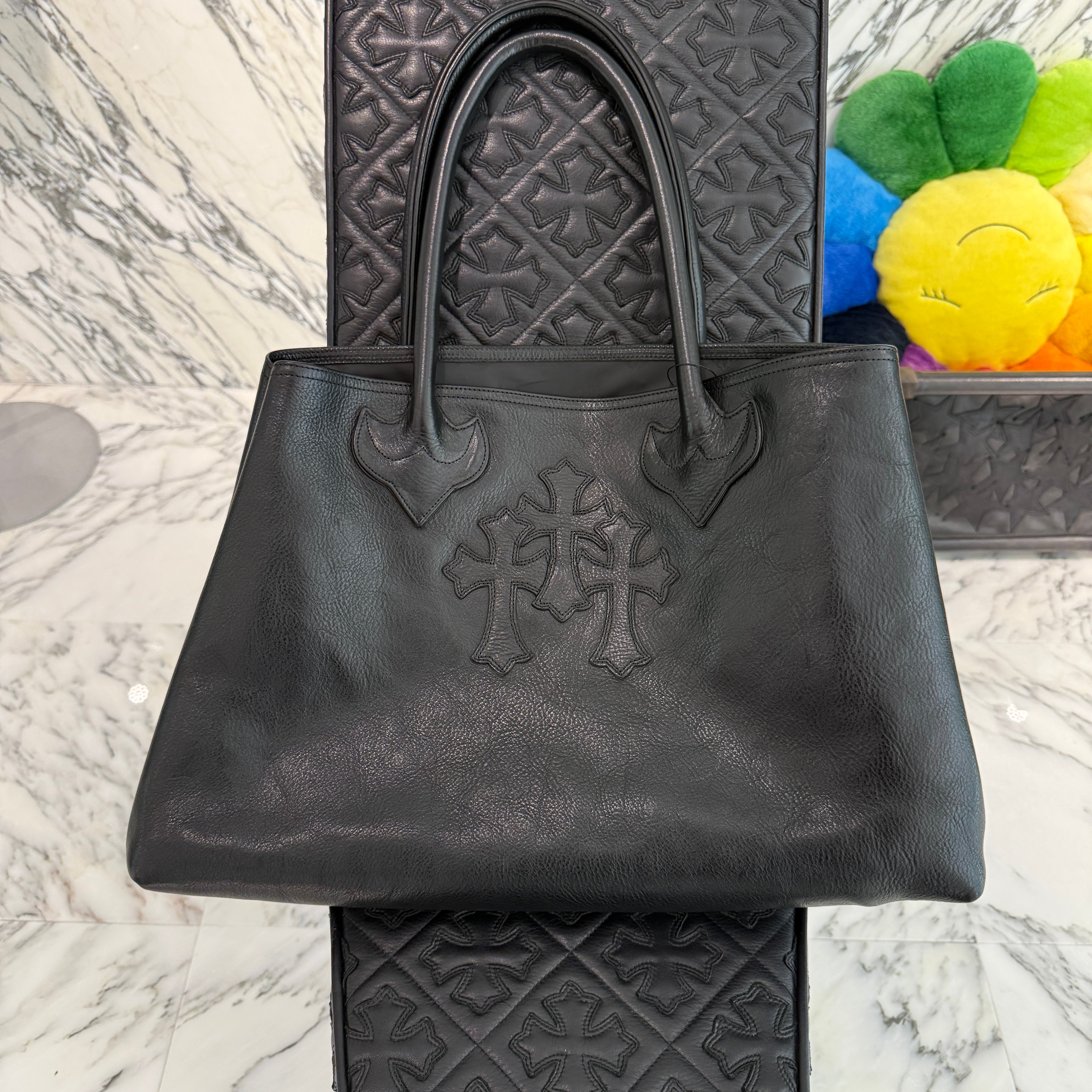 CHROME HEARTS 3 Cemetery Cross Patch FS Leather Tote Bag