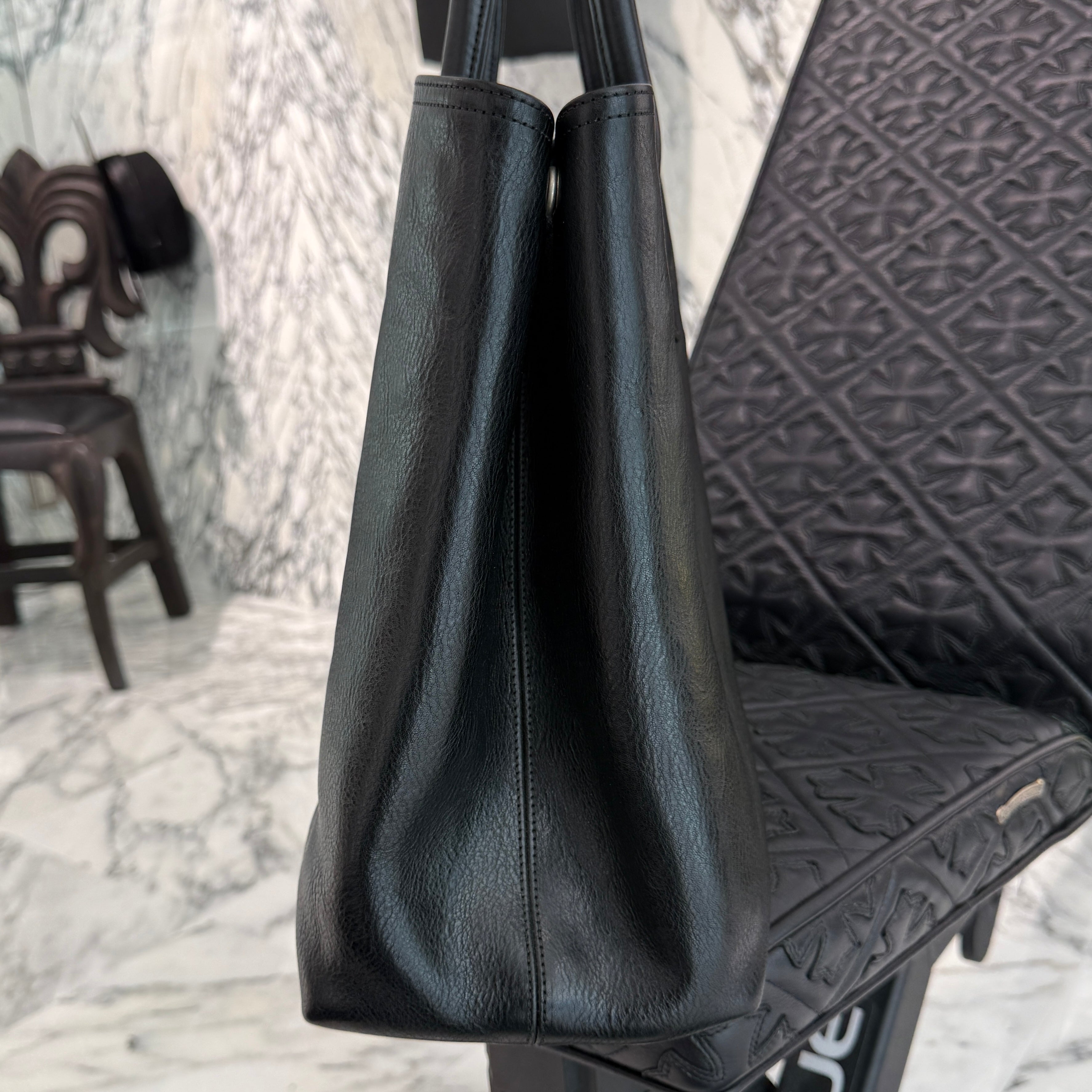 CHROME HEARTS 3 Cemetery Cross Patch FS Leather Tote Bag