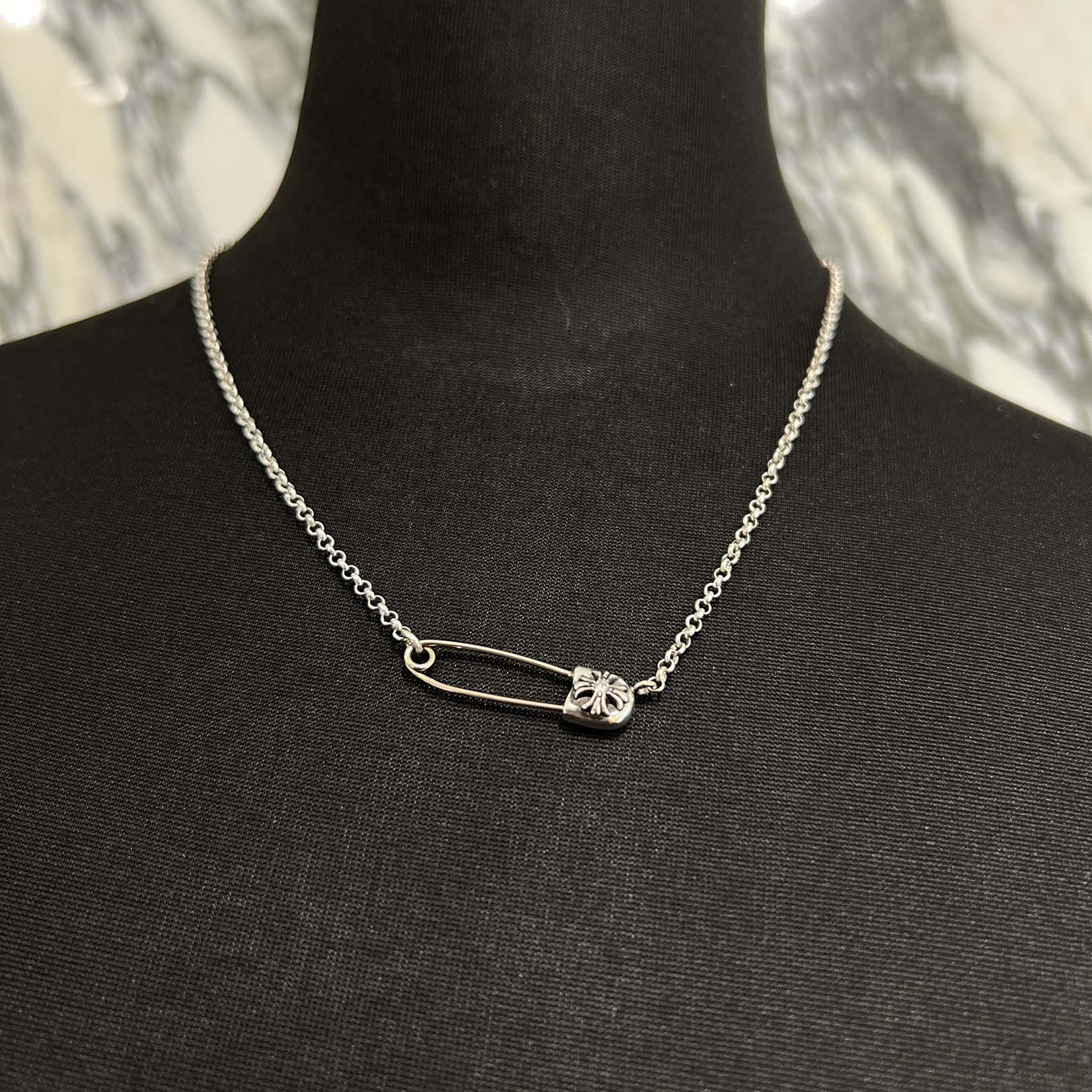 CHROME HEARTS Safety Pin Pendant Top 1 Diamond Roll Chain Necklace Size 18 Inch クロムハーツ セーフティピン 1ダイヤモンド ペンダントトップ ロールチェーン ネックレス サイズ18インチ