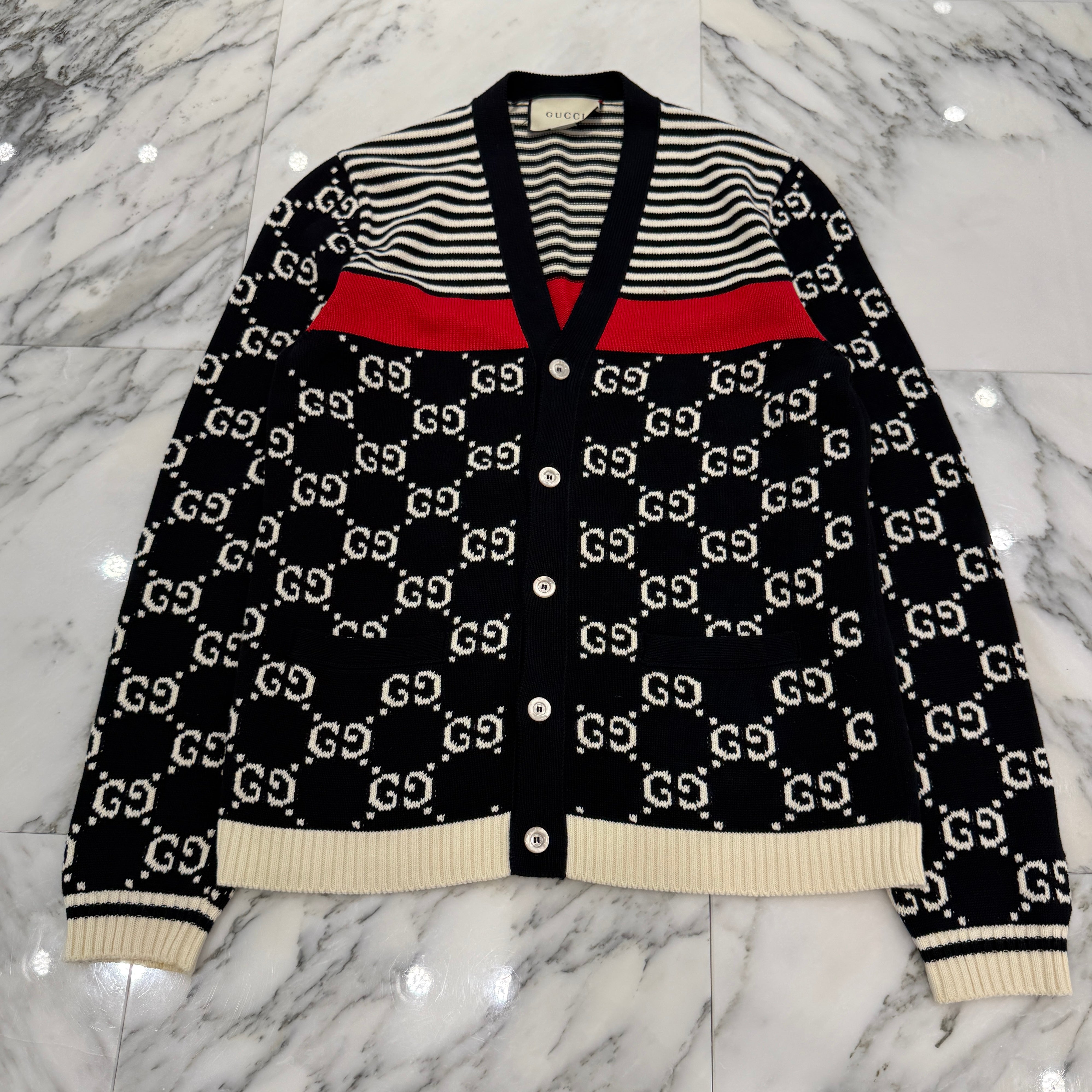 GUCCI 2019AW GG Cotton Jacquard Striped Knit Cardigan 523048 X9107 Size M グッチ GG コットンジャカード ストライプ ニットカーディガン サイズM
