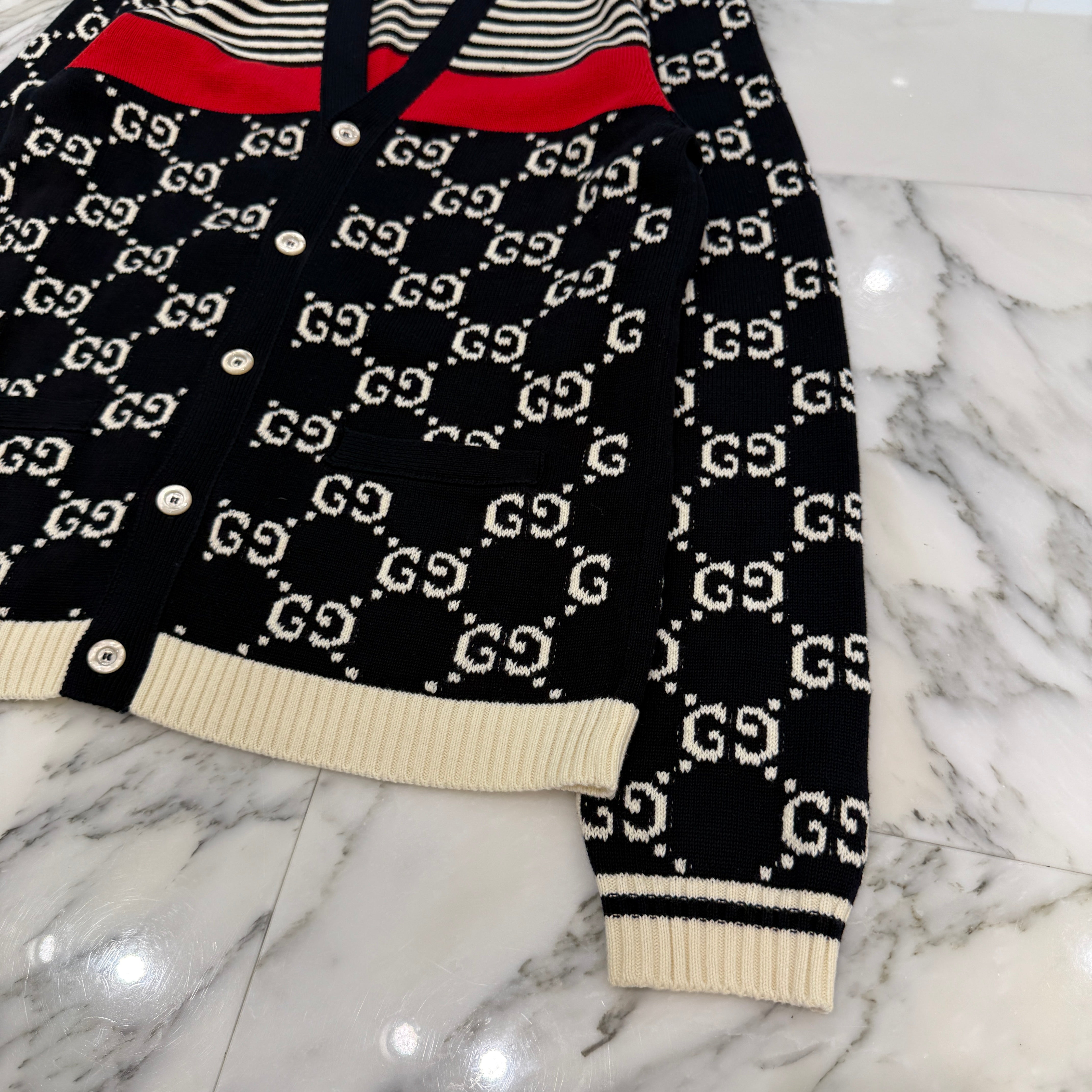 GUCCI 2019AW GG Cotton Jacquard Striped Knit Cardigan 523048 X9107 Size M グッチ GG コットンジャカード ストライプ ニットカーディガン サイズM