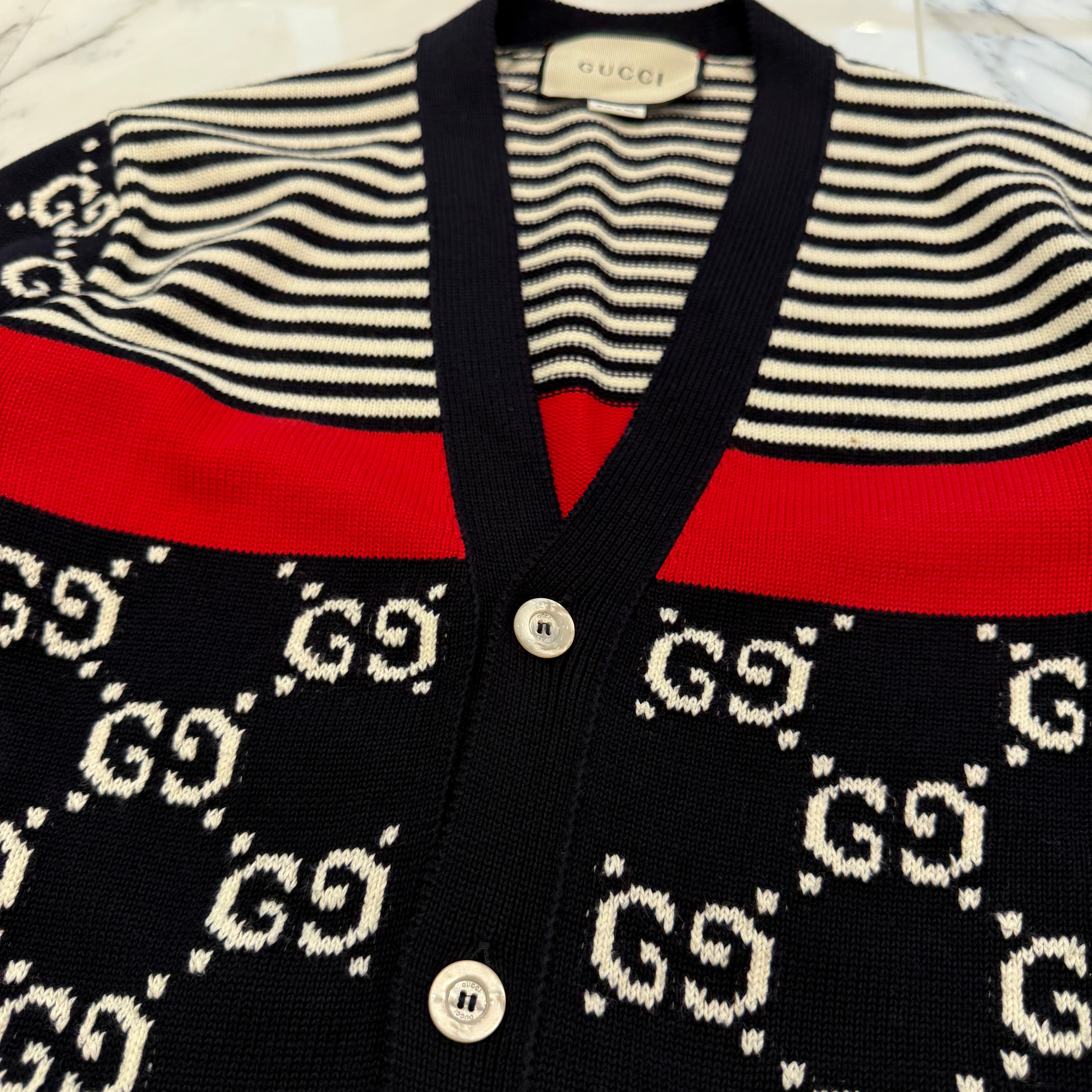 GUCCI 2019AW GG Cotton Jacquard Striped Knit Cardigan 523048 X9107 Size M グッチ GG コットンジャカード ストライプ ニットカーディガン サイズM