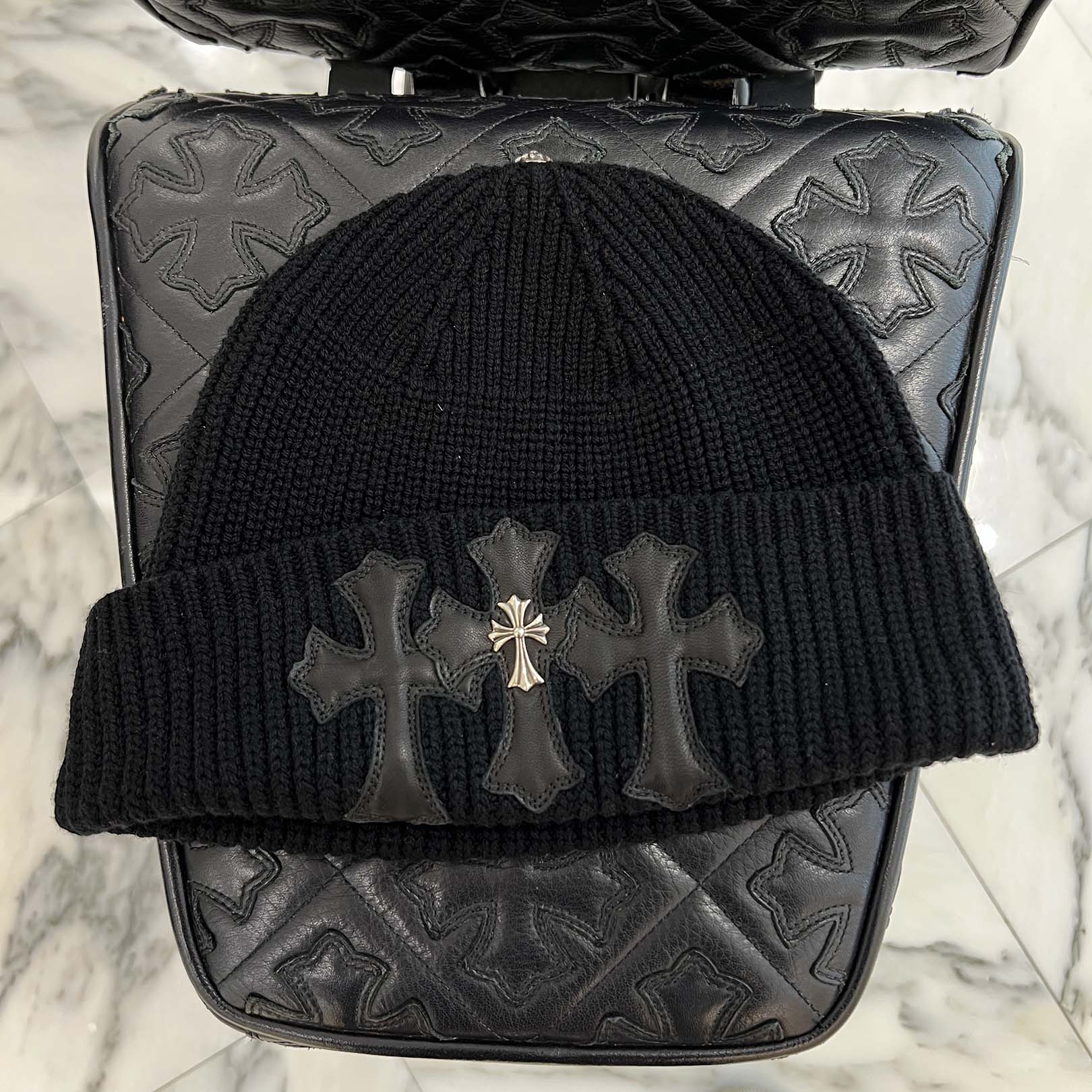 CHROME HEARTS CH Cross Leather Cemetery Cross Patch Cashmere Beanie Size ONE SIZE (22cm) クロムハーツ CHクロス レザーセメタリークロスパッチ カシミヤビーニー サイズONE SIZE (22cm)