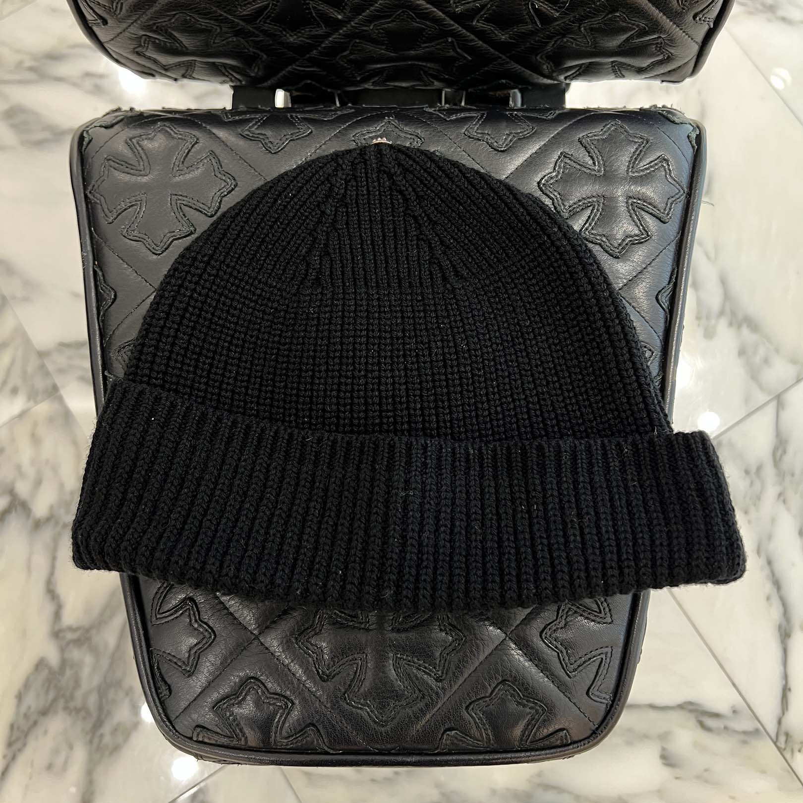 CHROME HEARTS CH Cross Leather Cemetery Cross Patch Cashmere Beanie Size ONE SIZE (22cm) クロムハーツ CHクロス レザーセメタリークロスパッチ カシミヤビーニー サイズONE SIZE (22cm)