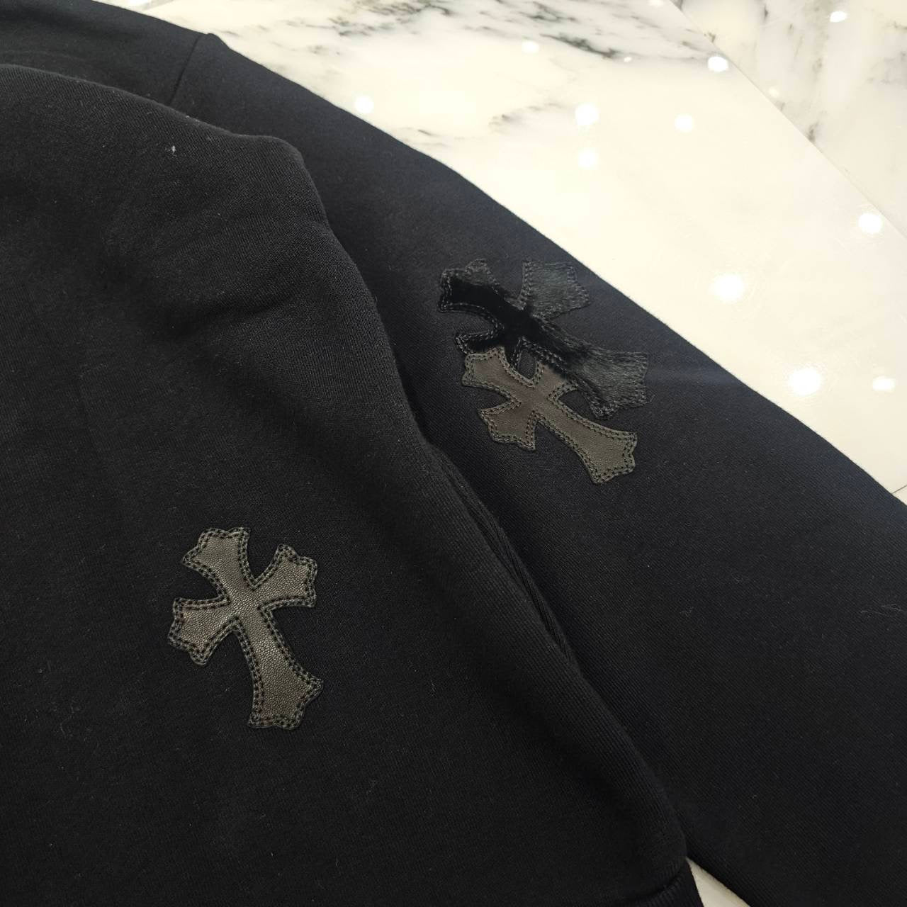 CHROME HEARTS Y NOT Multi Leather Cross Patch Half Zip Sweatshirt