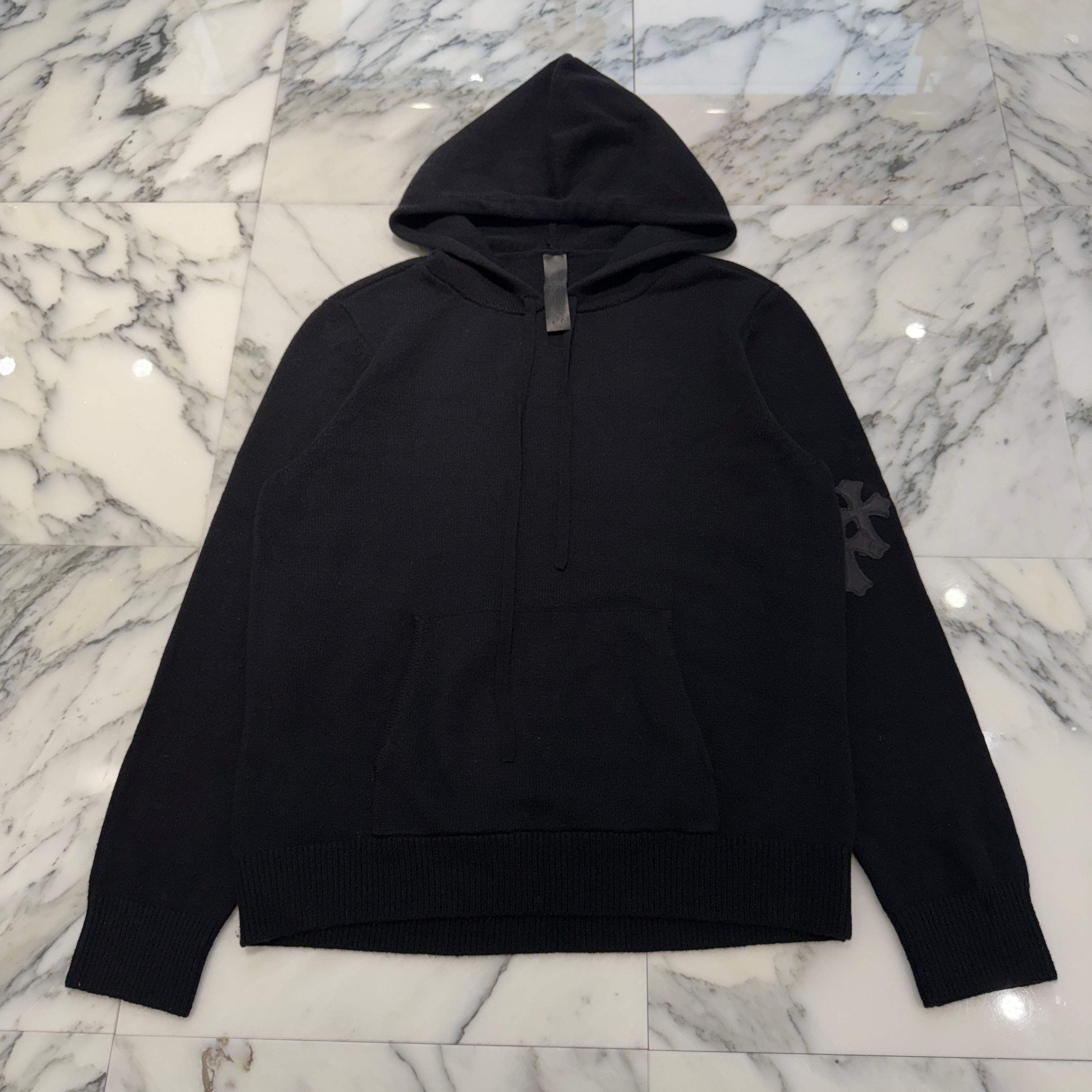 CHROME HEARTS Y NOT Leather Cross Patch Cashmere Knit Pullover Hoodie Size S クロムハーツ ワイノット レザークロスパッチ カシミヤニット プルオーバーフーディ サイズS