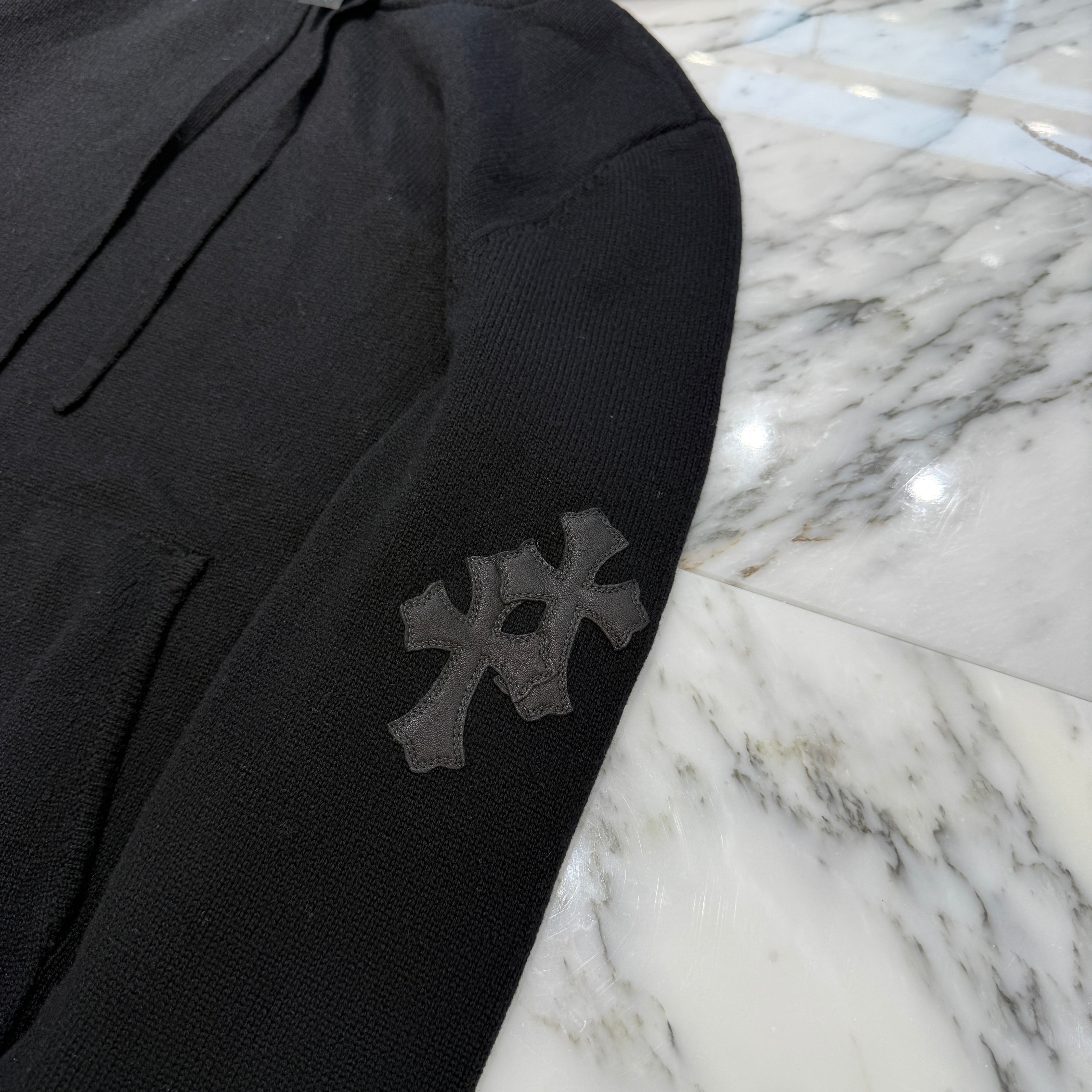 CHROME HEARTS Y NOT Leather Cross Patch Cashmere Knit Pullover Hoodie Size S クロムハーツ ワイノット レザークロスパッチ カシミヤニット プルオーバーフーディ サイズS