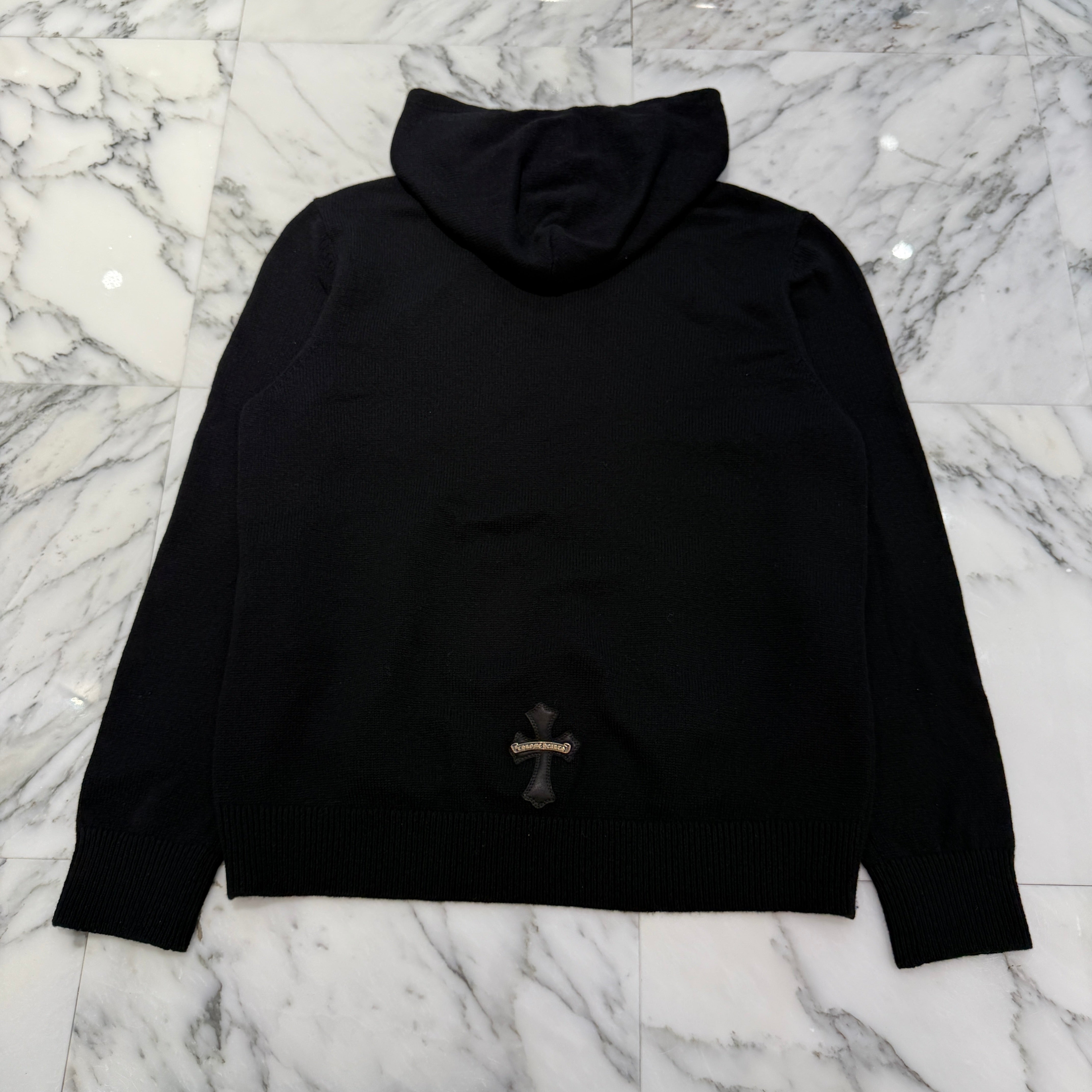 CHROME HEARTS Y NOT Leather Cross Patch Cashmere Knit Pullover Hoodie Size S クロムハーツ ワイノット レザークロスパッチ カシミヤニット プルオーバーフーディ サイズS