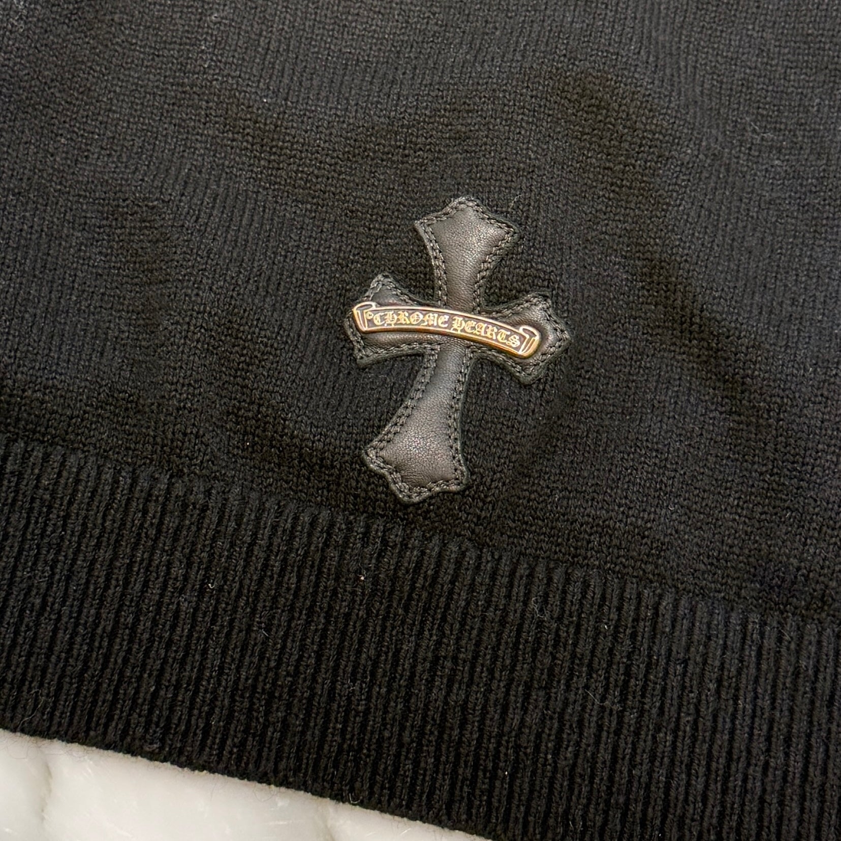 CHROME HEARTS Y NOT Leather Cross Patch Cashmere Knit Pullover Hoodie Size S クロムハーツ ワイノット レザークロスパッチ カシミヤニット プルオーバーフーディ サイズS