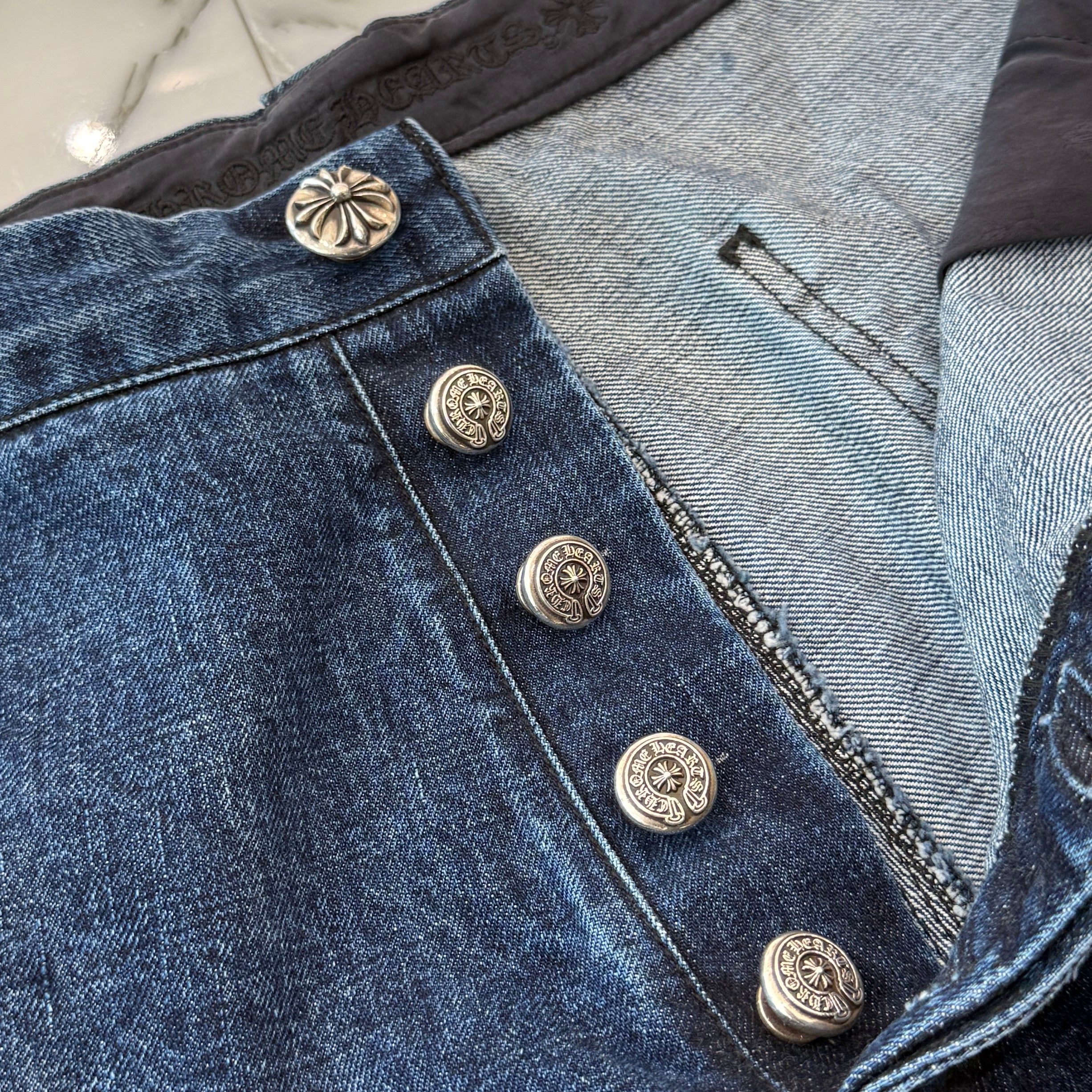 CHROME HEARTS Carpenter Cross Ball Button Denim Shorts Size 38 クロムハーツ カーペンター クロスボールボタン デニムショーツ サイズ38