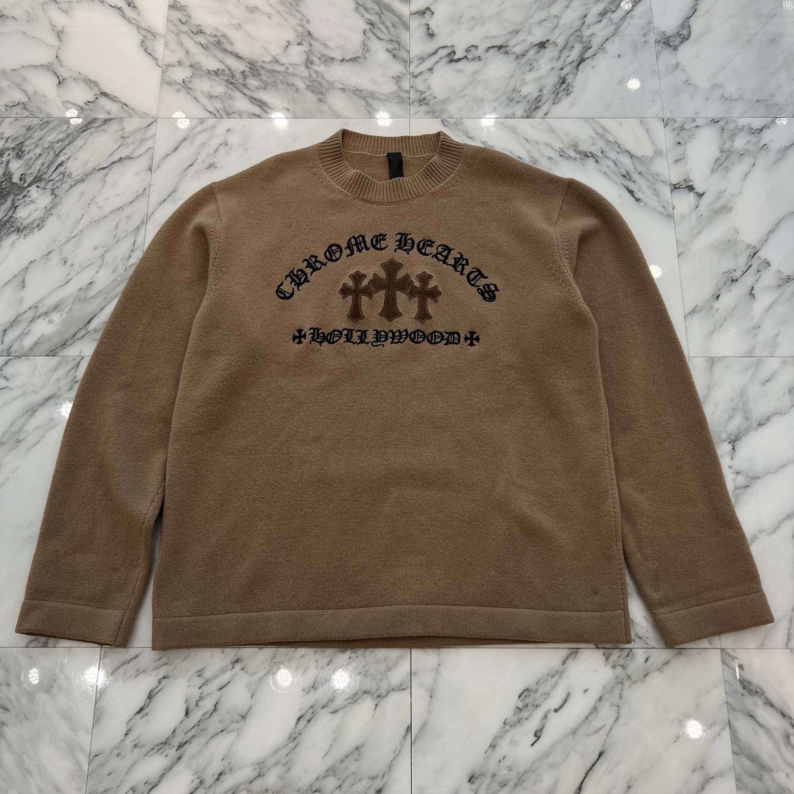 CHROME HEARTS Y NOT King Taco 3 Cemetery Cross Leather Patch Cashmere Knit Crew Neck Sweater Size L クロムハーツ ワイノット キングタコ 3セメタリークロスレザーパッチ カシミアニット セーター サイズL