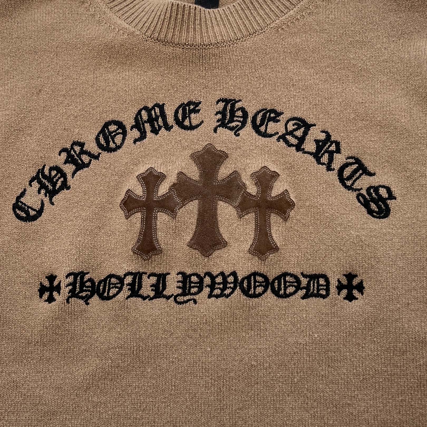 CHROME HEARTS Y NOT King Taco 3 Cemetery Cross Leather Patch Cashmere Knit Crew Neck Sweater Size L クロムハーツ ワイノット キングタコ 3セメタリークロスレザーパッチ カシミアニット セーター サイズL