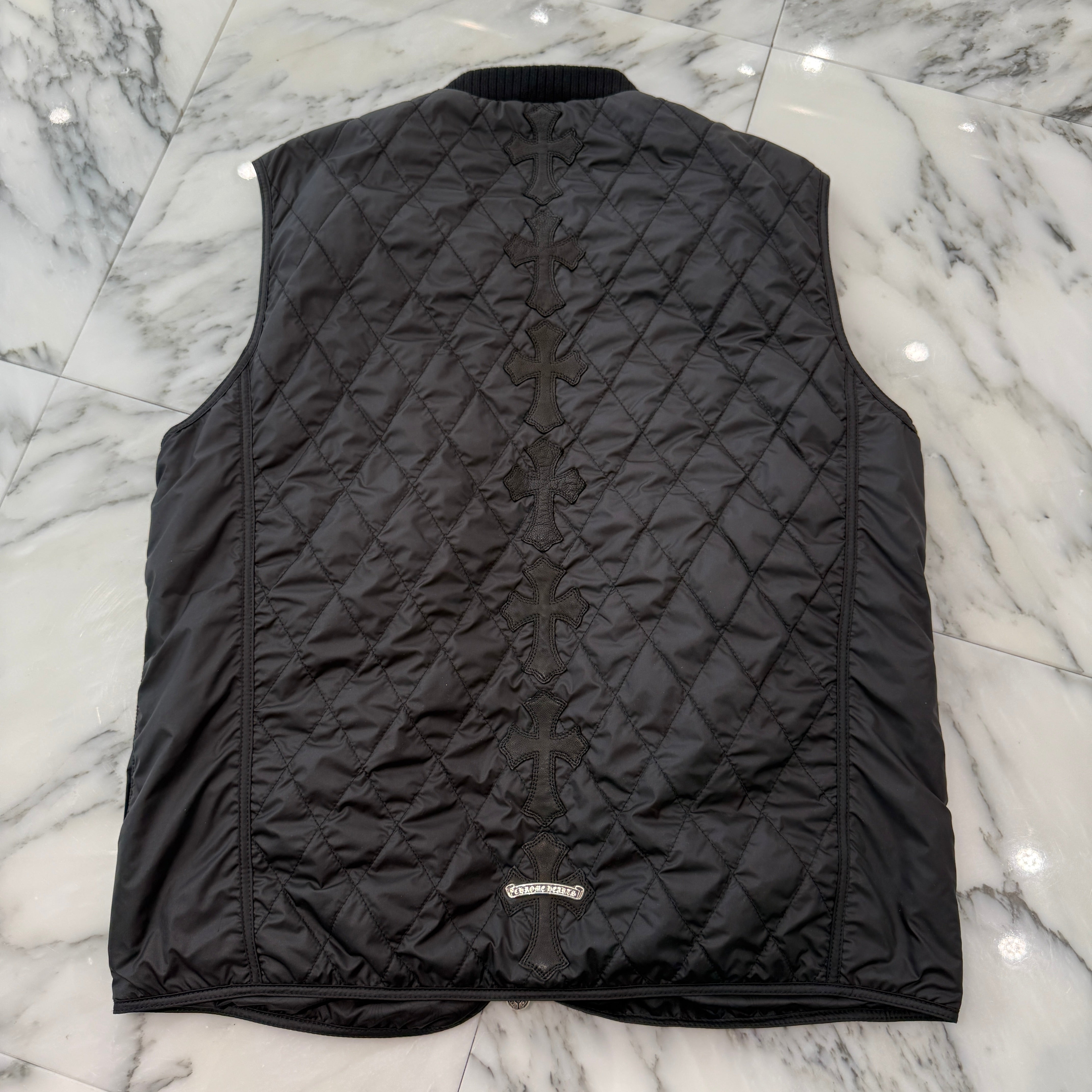 CHROME HEARTS Papa Leather Cross Patch Quilting Vest Size M クロムハーツ パパ レザークロスパッチ ベスト サイズM