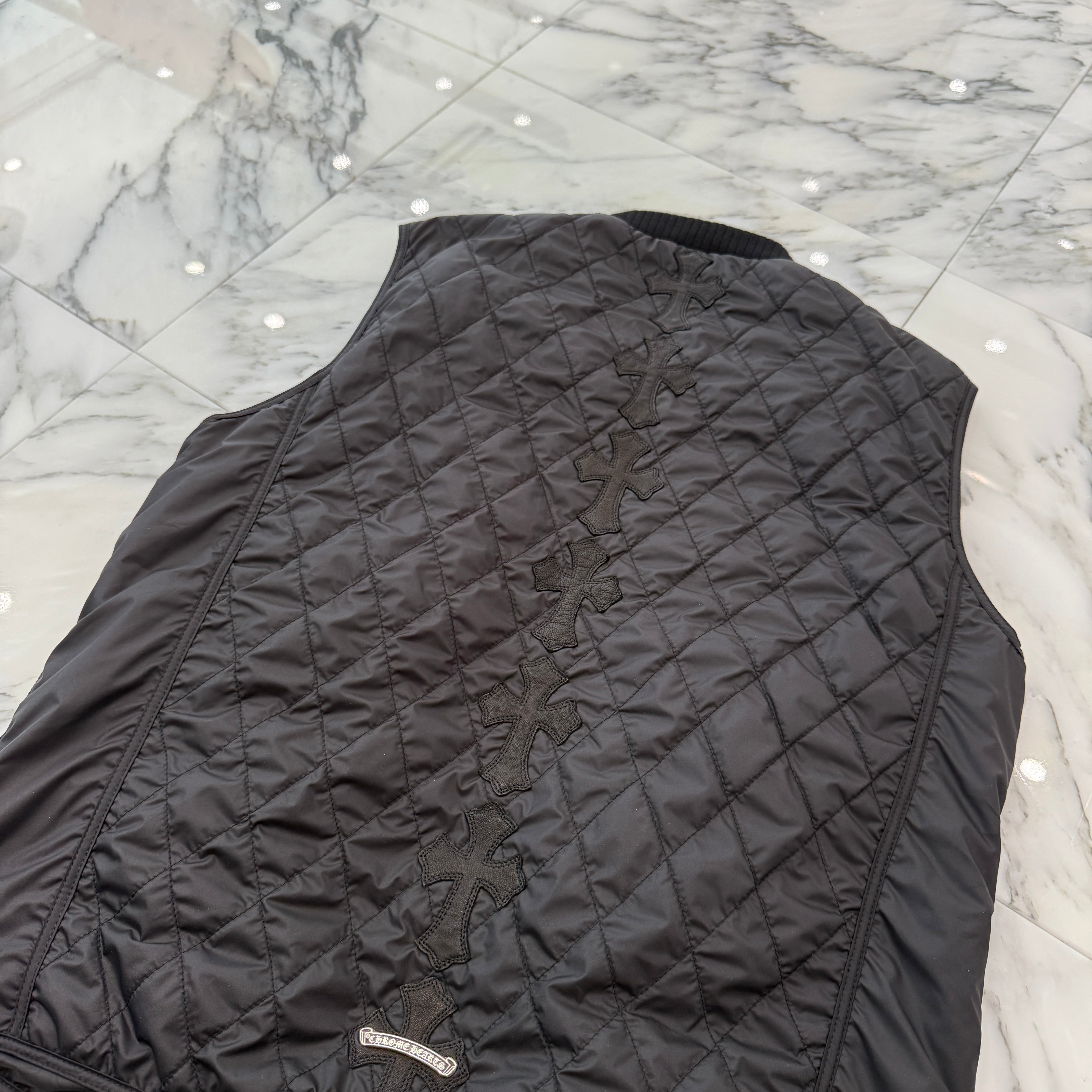 CHROME HEARTS Papa Leather Cross Patch Quilting Vest Size M クロムハーツ パパ レザークロスパッチ ベスト サイズM