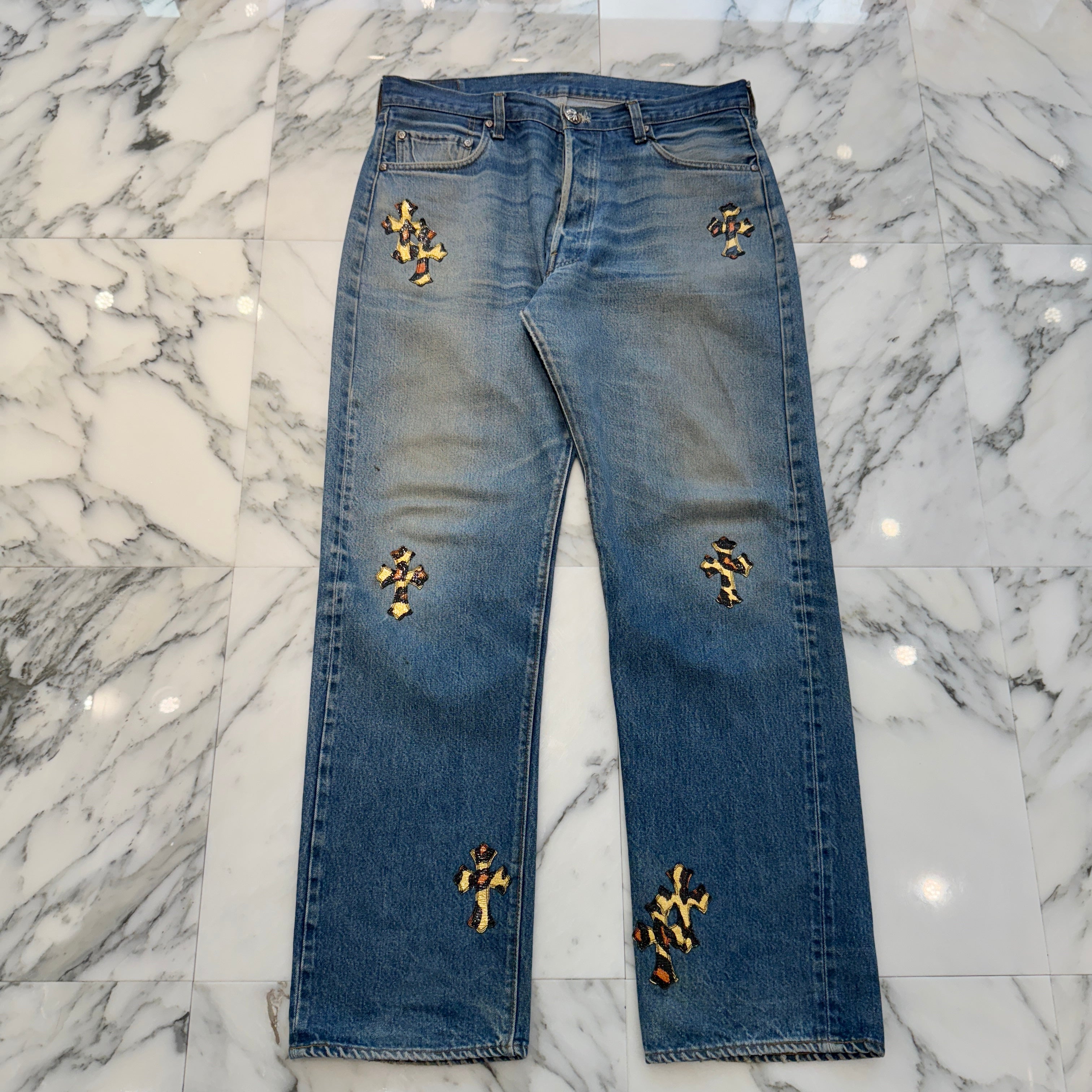 CHROME HEARTS × Levi's 501 VNTG Patent Leopard Leather Cross Patch Jeans Size 33 クロムハーツ × リーバイス 501 ヴィンテージ パテント レオパード レザークロスパッチ ジーンズ デニムパンツ サイズ33