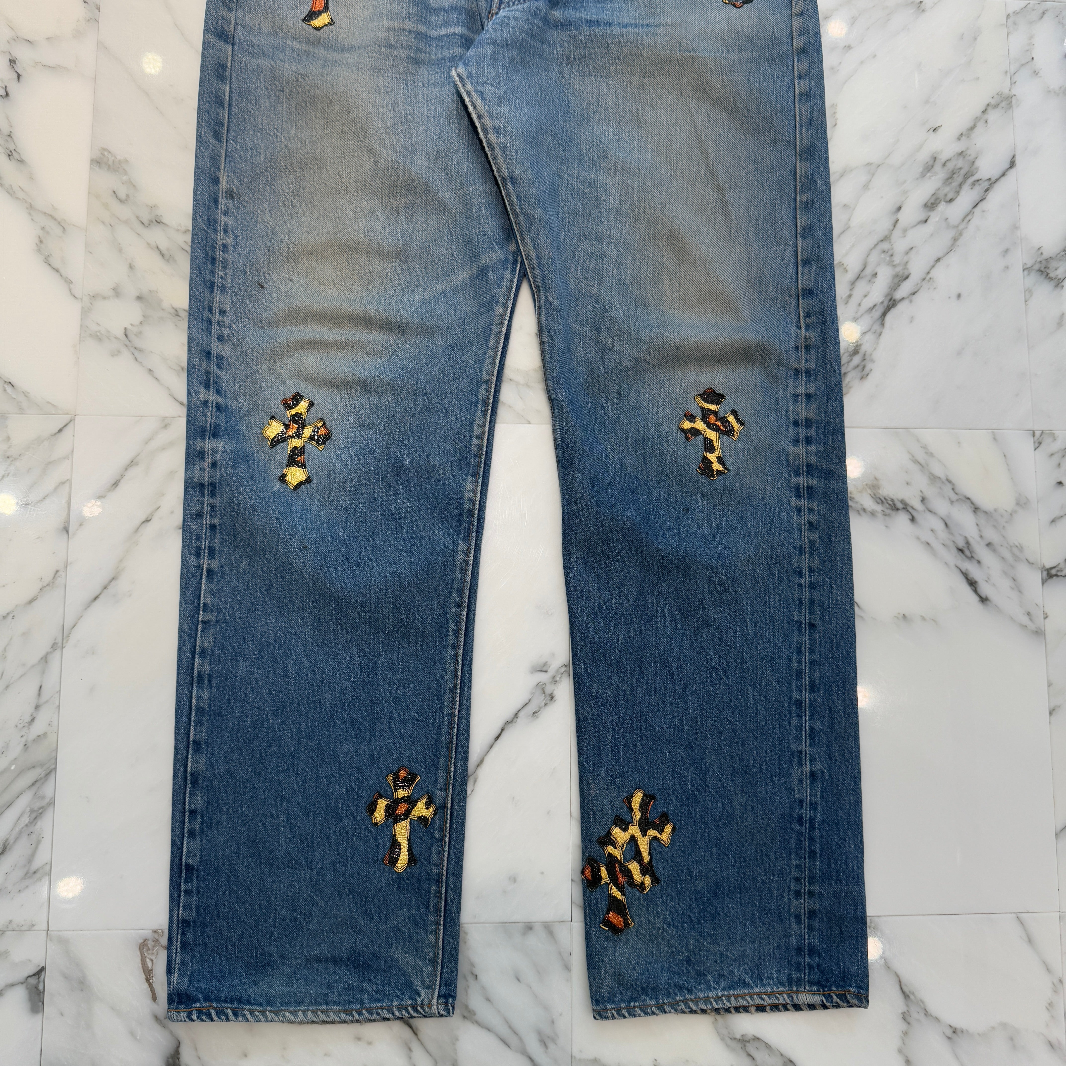 CHROME HEARTS × Levi's 501 VNTG Patent Leopard Leather Cross Patch Jeans Size 33 クロムハーツ × リーバイス 501 ヴィンテージ パテント レオパード レザークロスパッチ ジーンズ デニムパンツ サイズ33