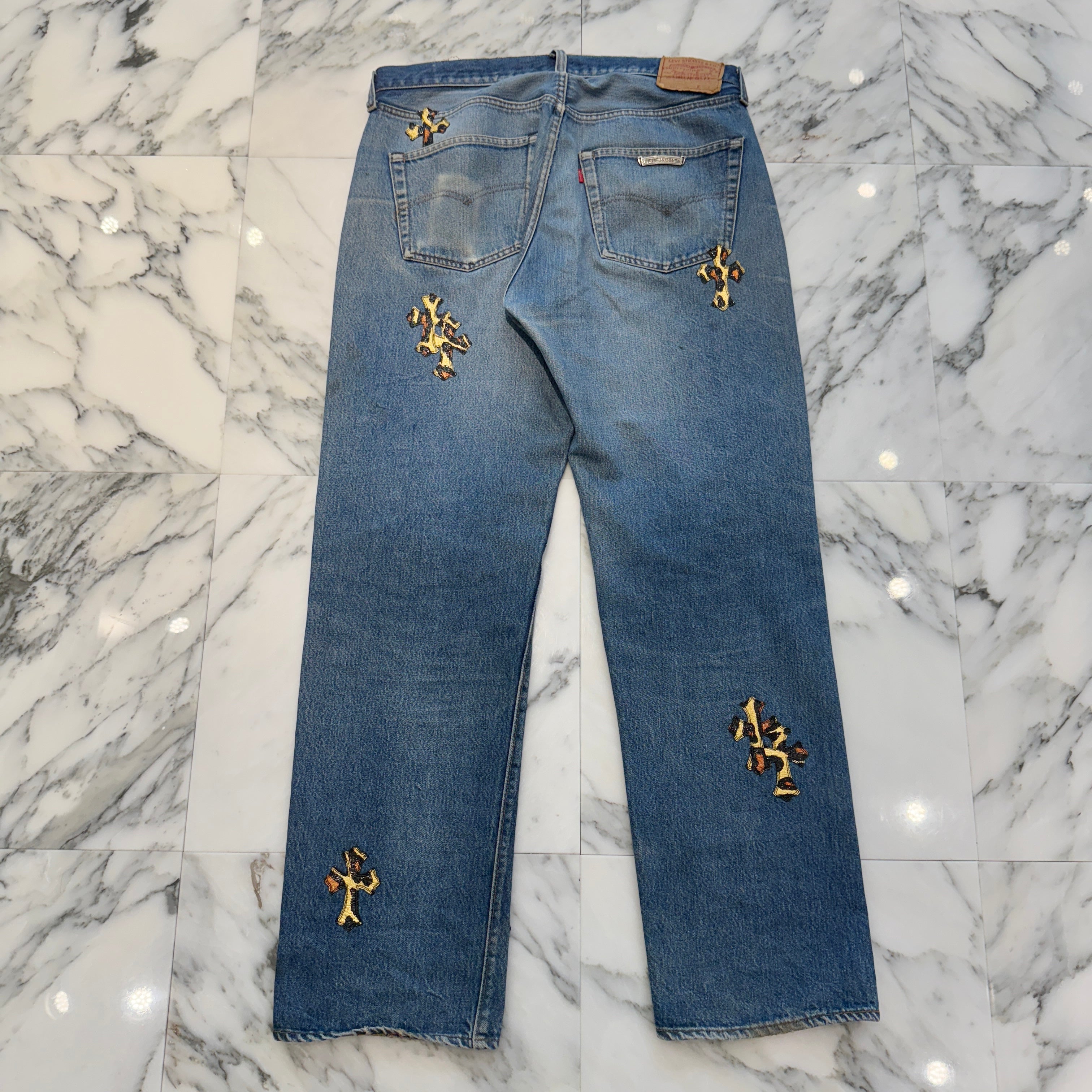 CHROME HEARTS × Levi's 501 VNTG Patent Leopard Leather Cross Patch Jeans Size 33 クロムハーツ × リーバイス 501 ヴィンテージ パテント レオパード レザークロスパッチ ジーンズ デニムパンツ サイズ33